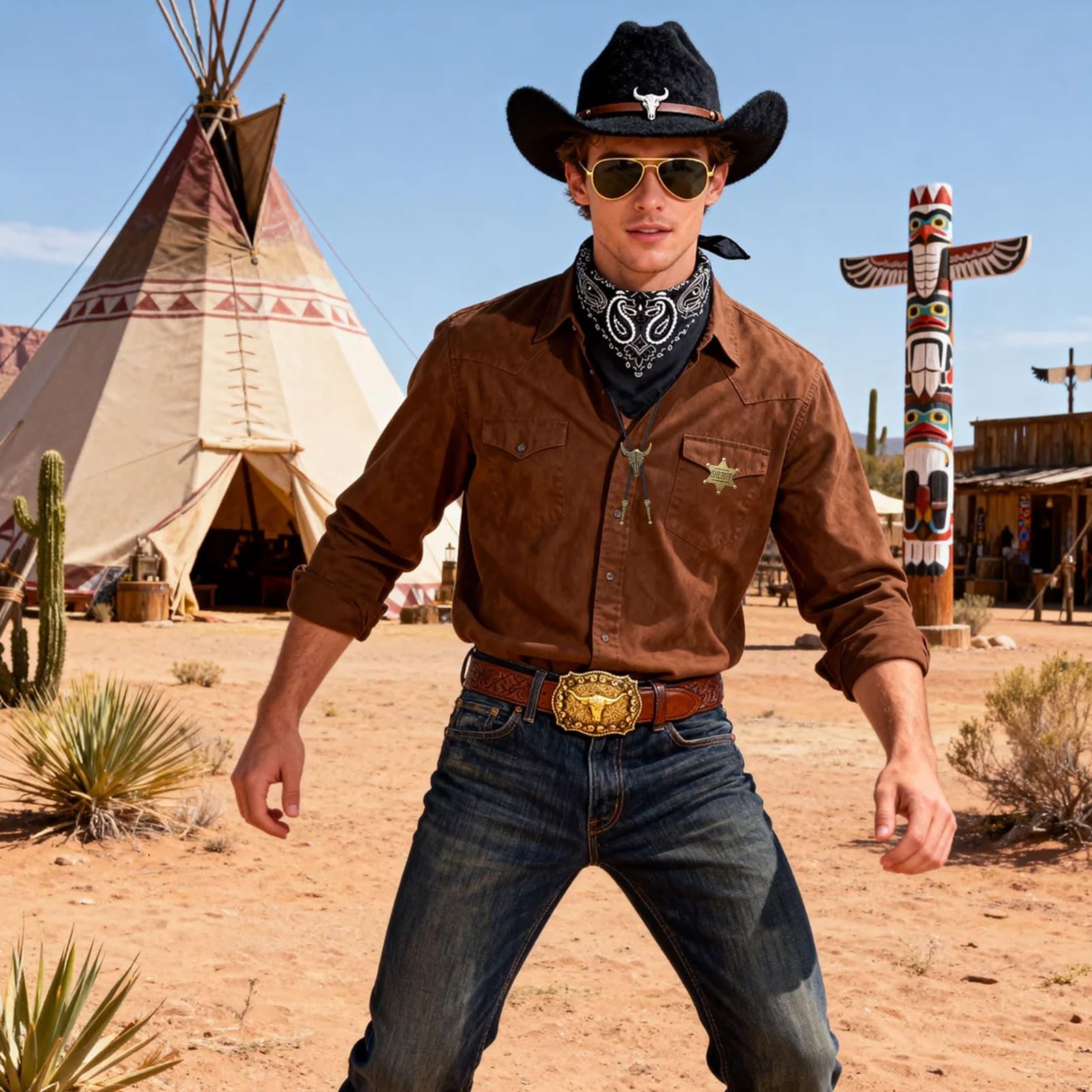 Crittygo Cowboy Outfit Kit for Men Western Cowboy Costume Accessories with Cowboy Hat Bandana Glasses Necklace Holster Belt Sheriff Badge for Halloween Western Theme Party - Image 4