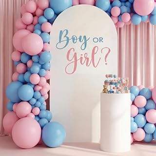 Moukeren Blue Pink Boy or Girl Gender Reveal Arch Decoration Backdrop Cover 6.6 ft Boy or Girl Sign Welcome Baby Gender Reveal Baby Shower Party Supplies Photoshoot Backdrop