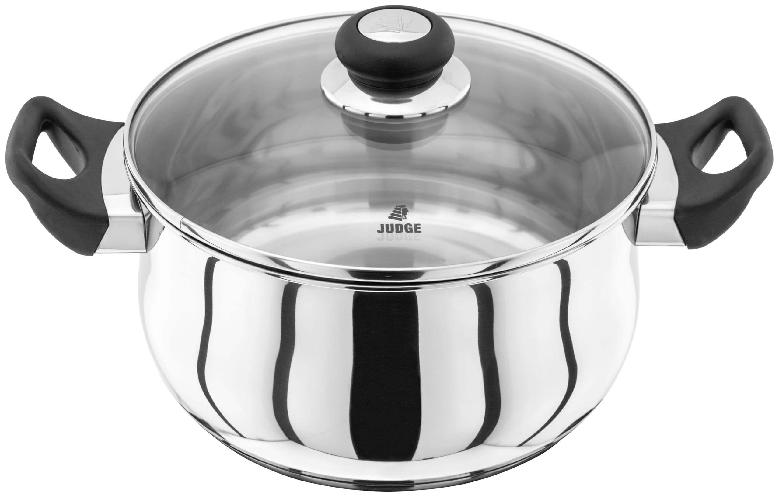 Judge Casserole Pot Vista Stainless Steel Large With Twin Handles 24Cm, 4L, Shatterproof Vented Glass Lid, Induction Ready, Oven Safe