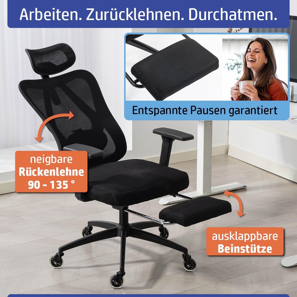 Bürostuhl Schreibtischstuhl | verstellbare Armlehnen & Kopfteil | 6 Modelle | Ergonomisch | stufenlos verstellbare Lendenstütze | inkl. 2 Rollensets | bis 150kg | BackPro Polster-Schwarz