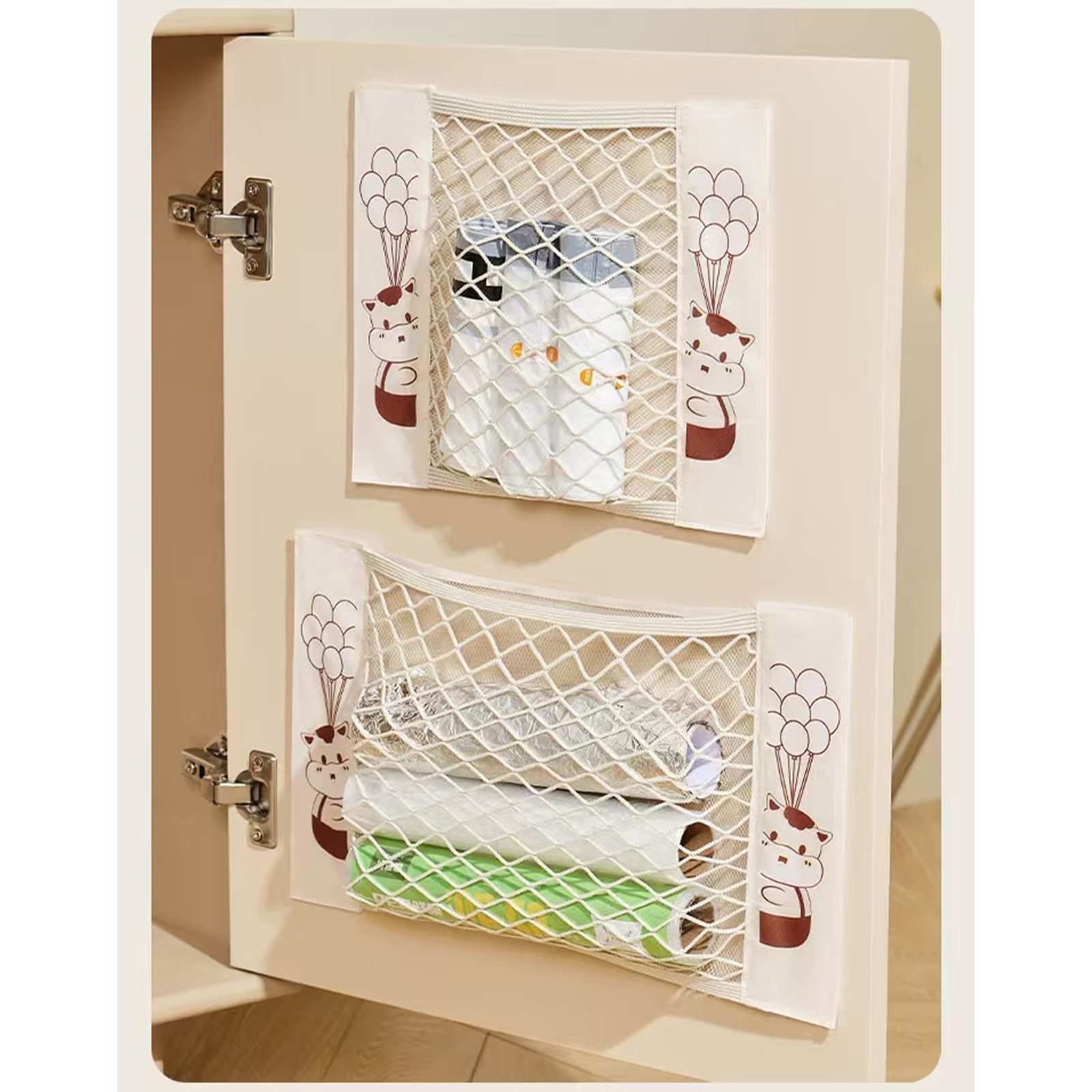 FitFrenzy 2Pack Plastic Bag Holder for Grocery Bags - Mesh Storage Organizer Cargo Net for Kitchen Cabinet Dispenser for Aluminum Foil, Trash Bag,