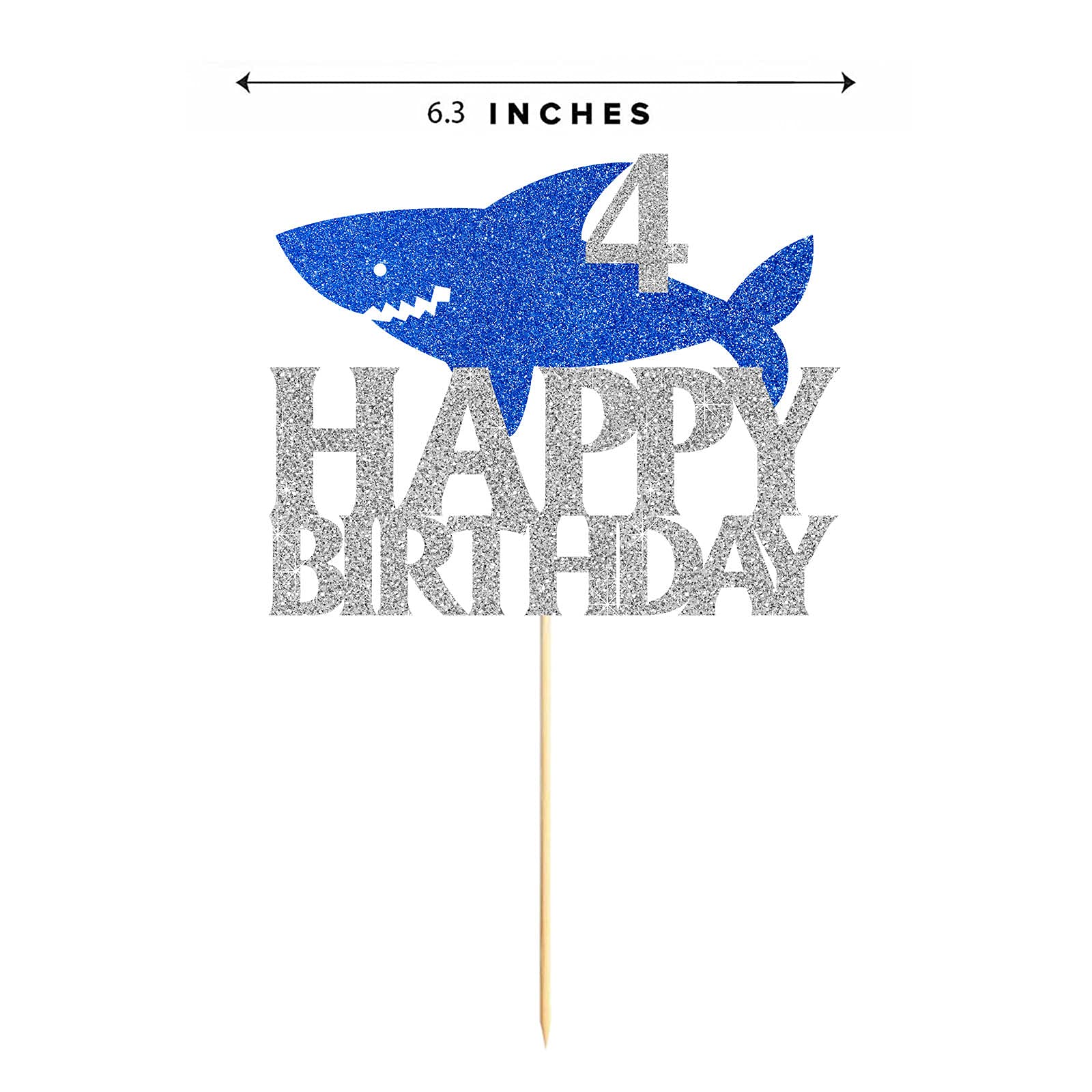 Shark Happy 4th Birthday Cake Topper - Blue & Silver Glitter, 6.3 Inch Wide, Ocean Theme Party Decoration