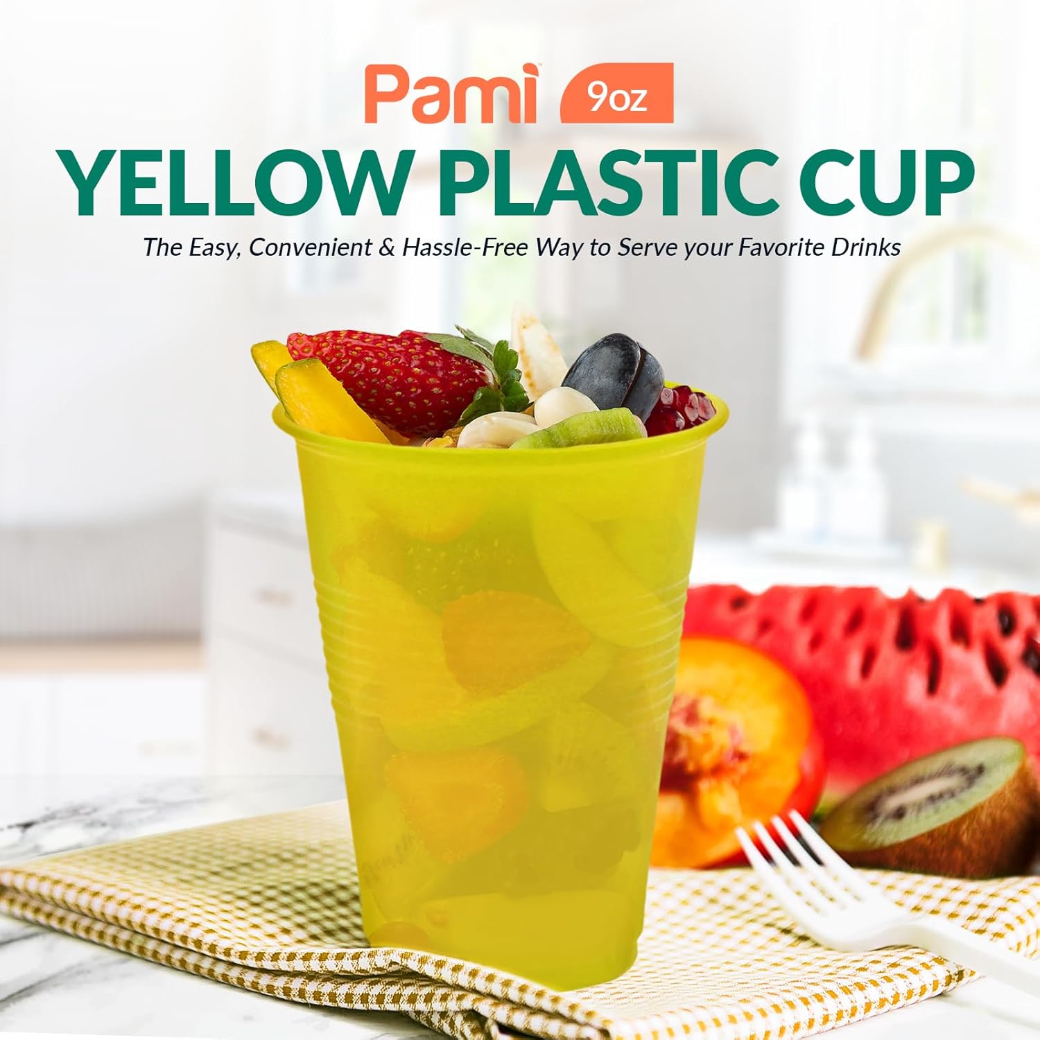 PAMI Colorful 9oz Plastic Party Cups [Pack of 80]- Disposable Drinking Glasses Bulk- BPA-Free Colored Cups For Water, Iced Tea, Jello, Cocktails, Beer & Cold Drinks- Throw-Away Plastic Cups, Yellow - Image 2