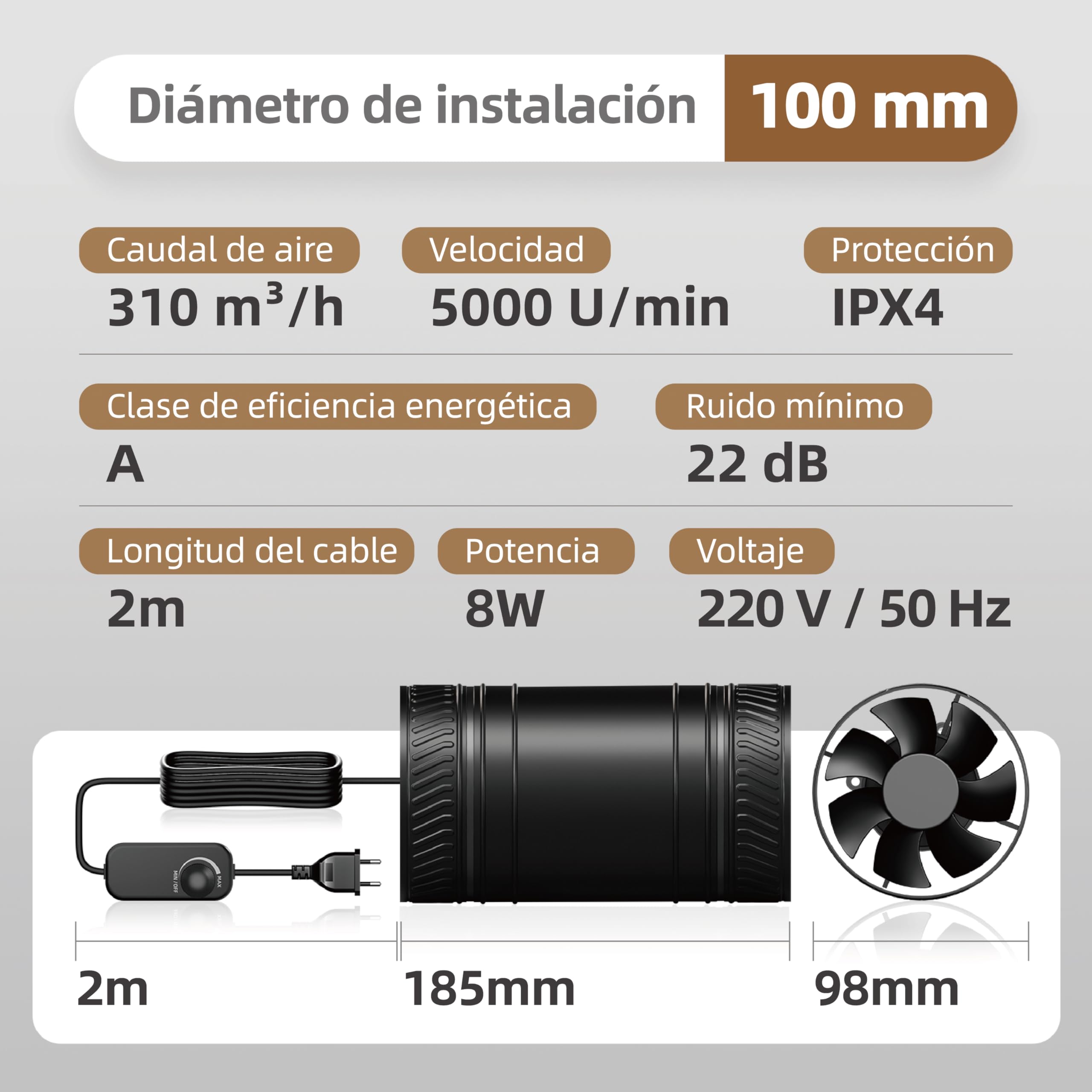 Mocine Ventilador de Conducto 100mm DC, Ultra Silencioso & Resistente, Regulador de Velocidad, IPX4, 311m³/h para Carpa Cultivo, Baño, Ático & Taller