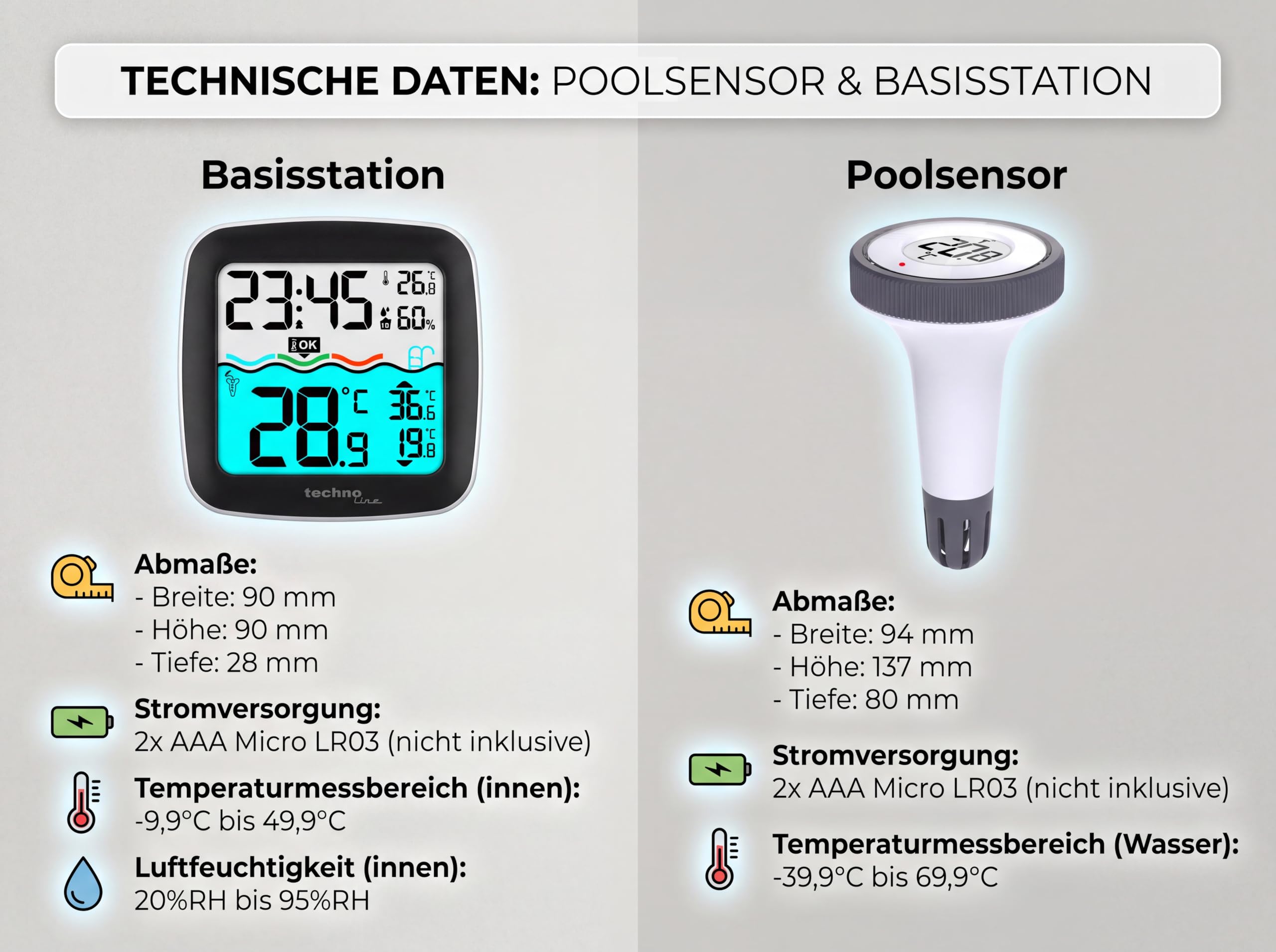 Technoline WS9059 Funk Poolthermometer, Poolsensor, Poolthermometer, mit digitaler Basisstation zum Datenablesen, Innentemperatur, Wassertemperatur, Luftfeuchte, für Pool, Teich, Außenanlage