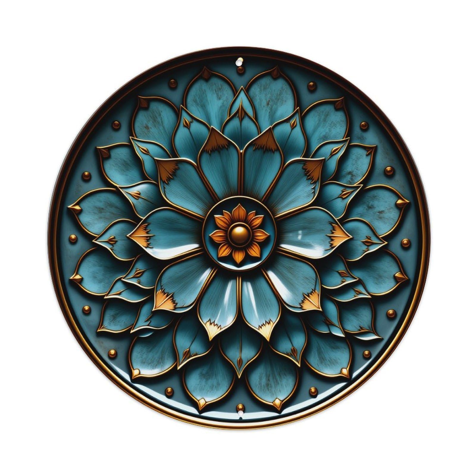 Blue Floral Mandala With Gold Accents And Circular Design Round Vintage Tin Sign,Retro Wall Art,Metal Poster for Home, Bar, Garage, Cafe, Rustic Indoor & Outdoor Decor, 8x8 Inches