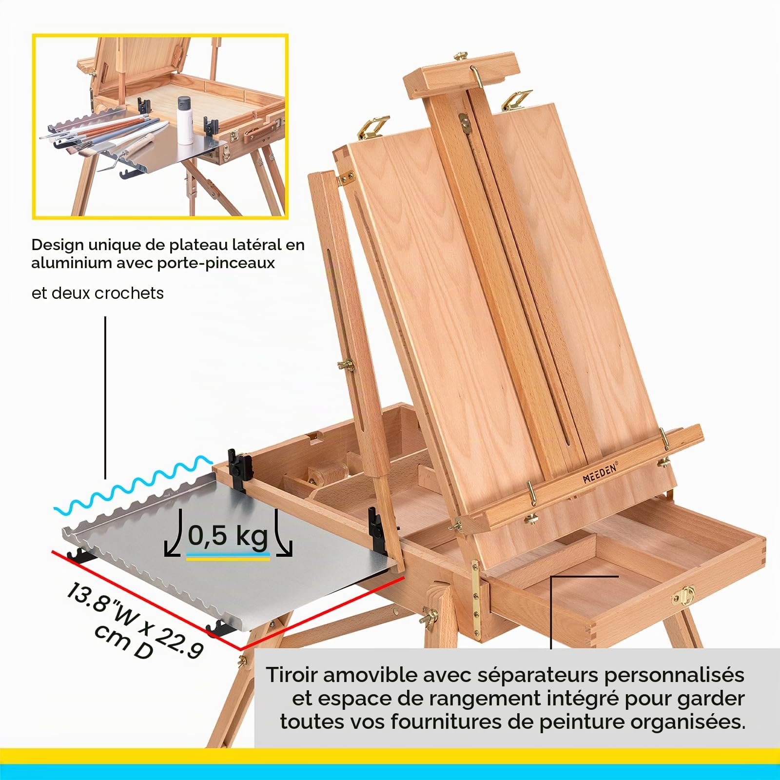 Meeden Chevalet de style français pliable en bois de hêtre avec tiroir et palette pour les professionnels, artistes et amateurs de peinture sur toile jusqu'à 86,4 cm