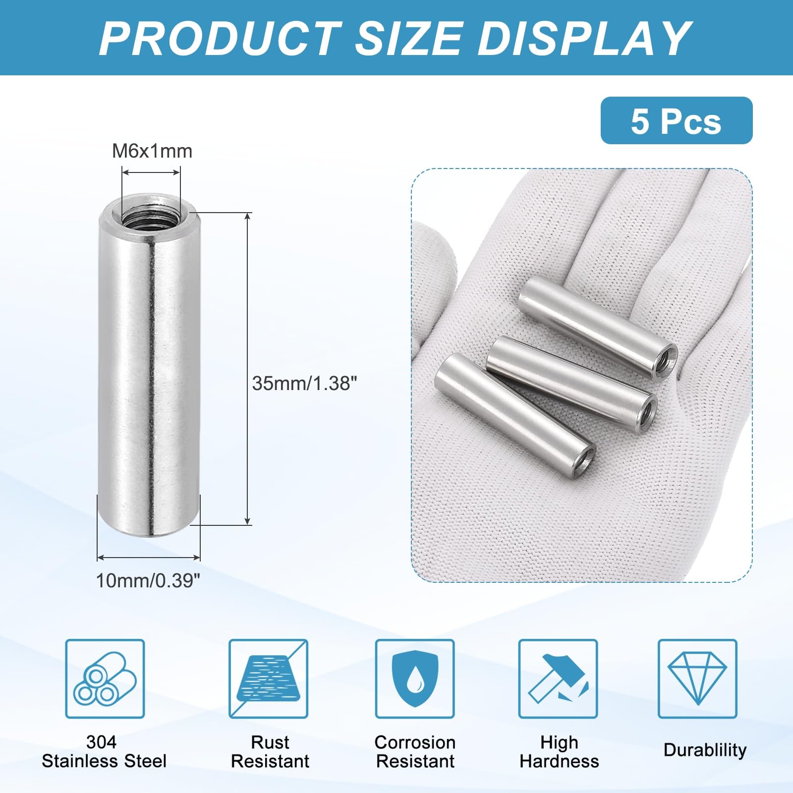 PATIKIL M6x1mm Pitch 304 Stainless Steel Round Coupling Nuts - Image 2