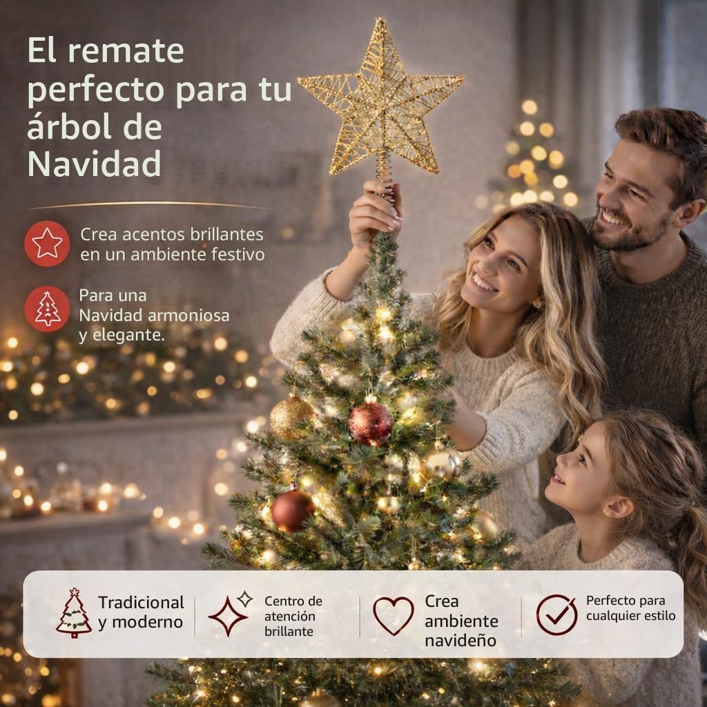 Estrella Dorado en la Copa del árbol - Accesorio de la Copa del árbol de Navidad para el Abeto, la Copa del Abeto del árbol de Navidad