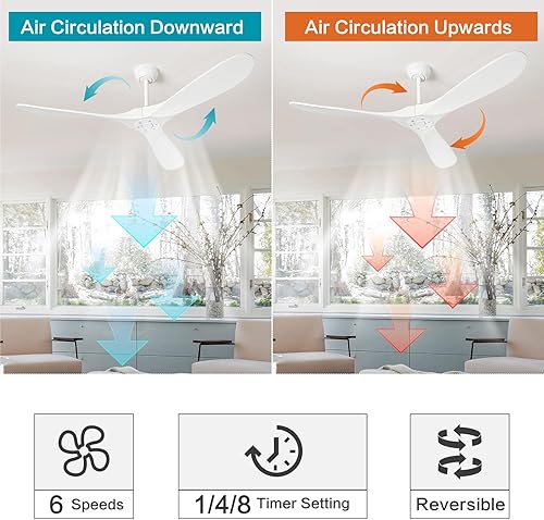 Miniatura 6 de Ventiladores de techo de 60 pulgadas sin luz, ventilador de techo de madera con control remoto y 3 cuchillas, ventiladores de techo interiores y