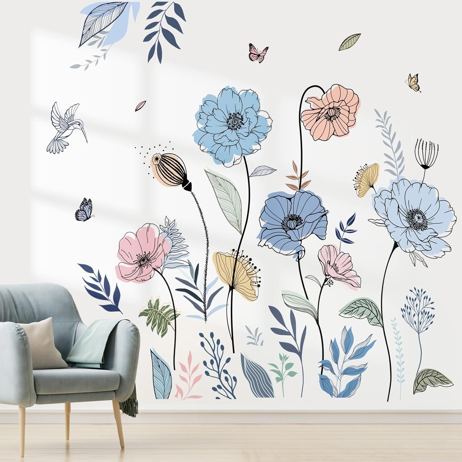 wondever Blue Boho Flower Wall Stickers Floral Grass Butterfly Peel and Stick Wall Art Decals for Living Room Bedroom TV Wall