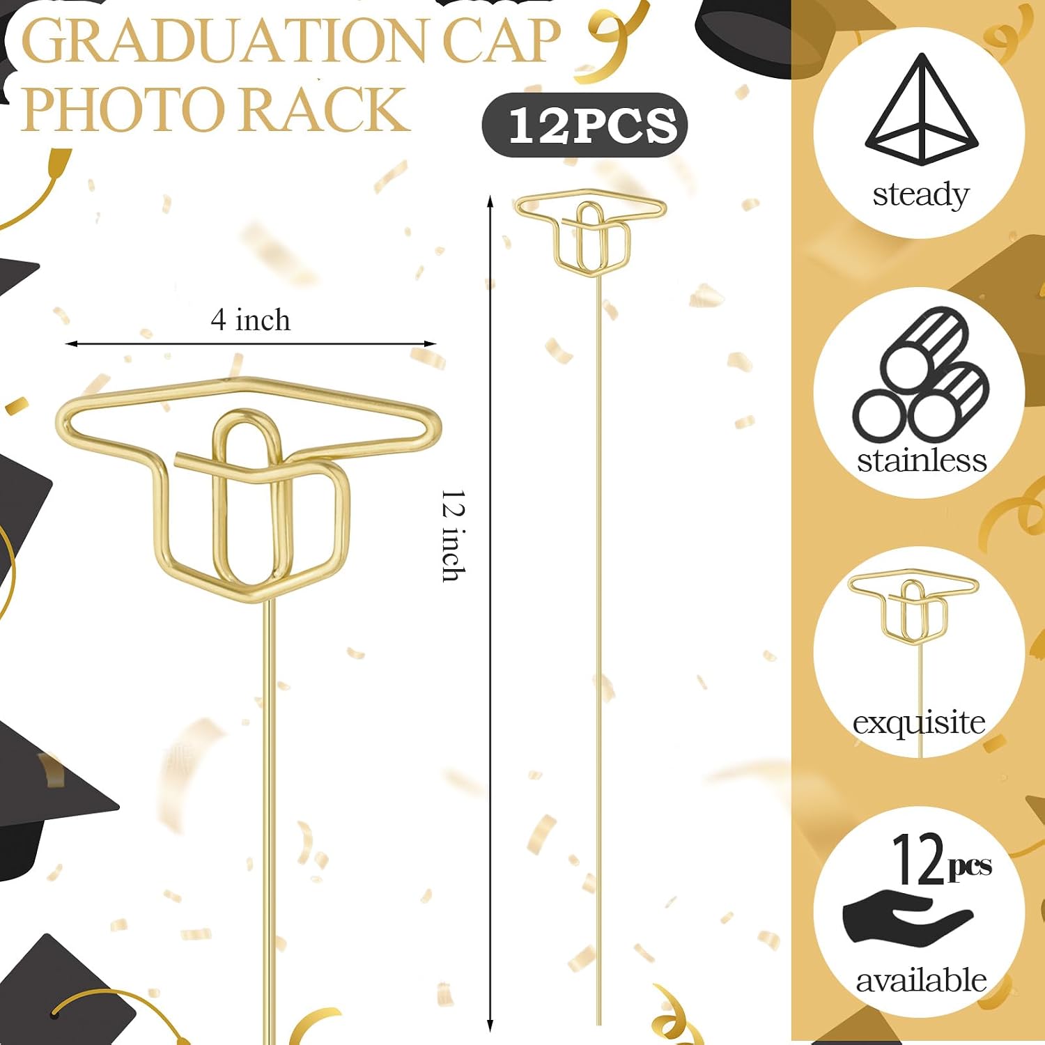 Rtteri 12 Pcs 2026 Grad Cap Graduation Picture Holder 12'' Gold Photo Holders Stick Floral Place Card Holder Metal Wire Floral Picks Picture Bouquet Kit for Flower Arrangement Class of 2026 Grad Party