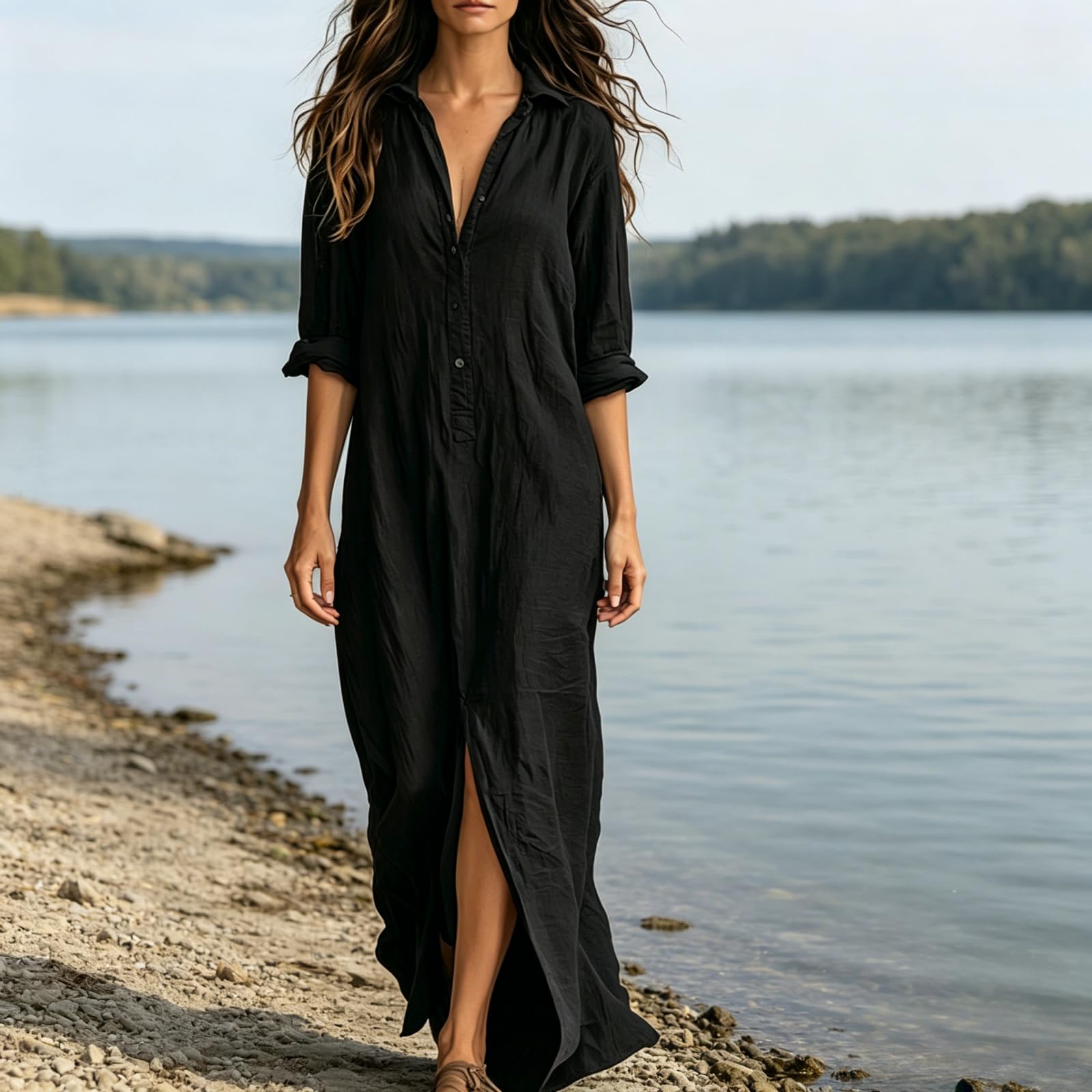 Generico Maxi Abito Casual da Donna a Maniche Lunghe, Stile Bohémien, con Colletto e abbottonatura Frontale – Ideale per Le Vacanze al Mare