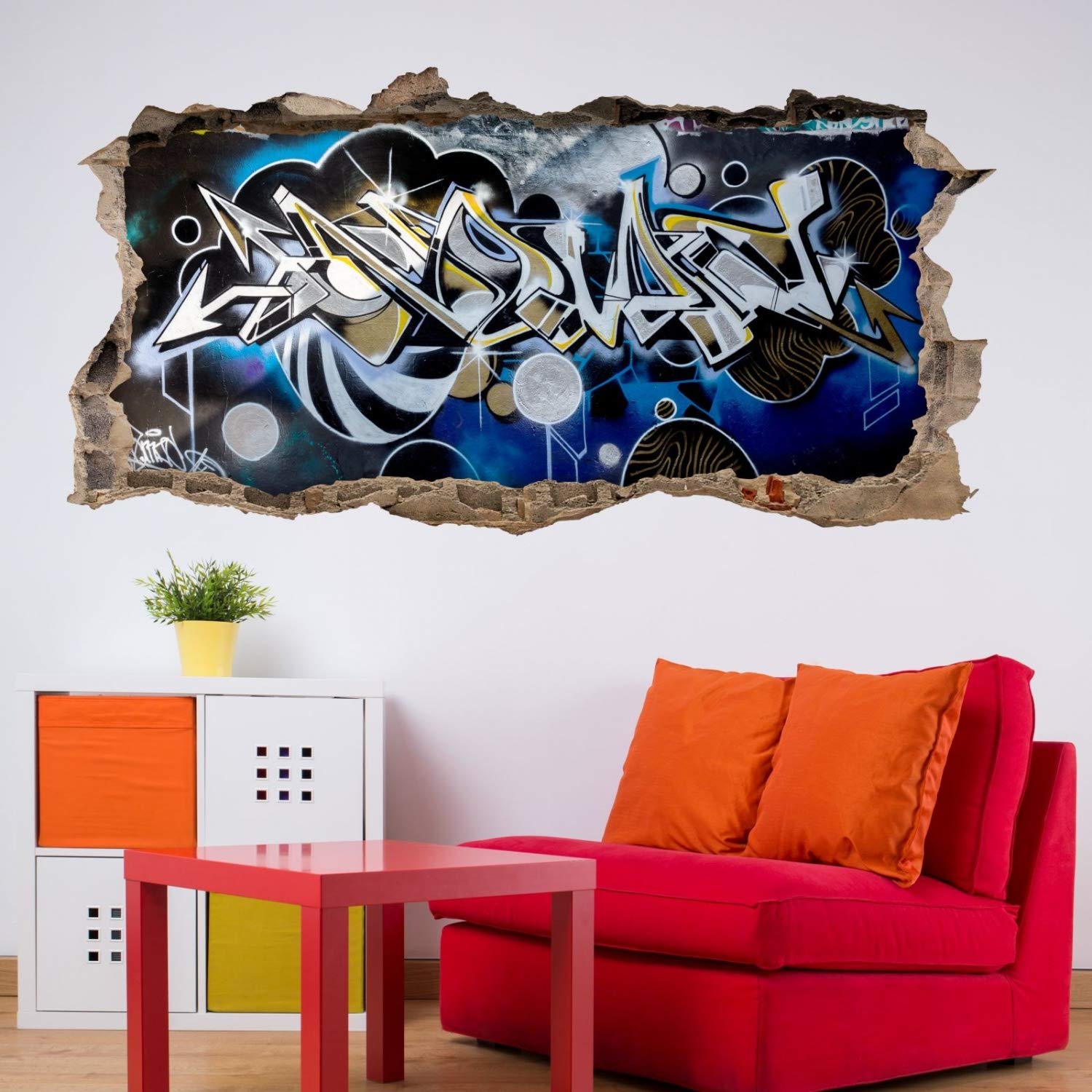 nikima - Adesivo da parete per bambini, motivo graffiti, blu, grigio, foro nella parete, 6 misure, decorazione da parete, per adolescenti, dimensioni 2000 x 1000 mm