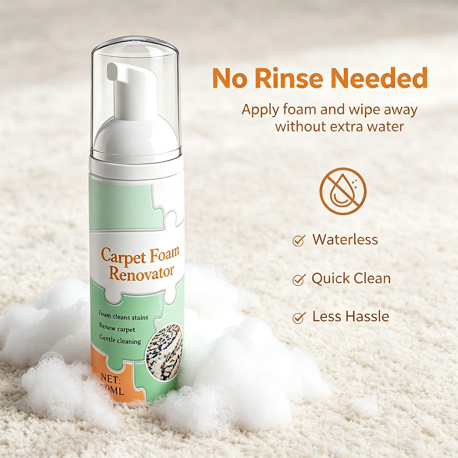 Waterless Carpet Foam Stain Remover, Teppichschaum-Renovator, Trockenreinigungs-Schaumreiniger mit Reinigungstuch, Fleckenentferner für Teppiche, Teppiche, Polster- und Stoffoberflächen (100ml*3PCS)