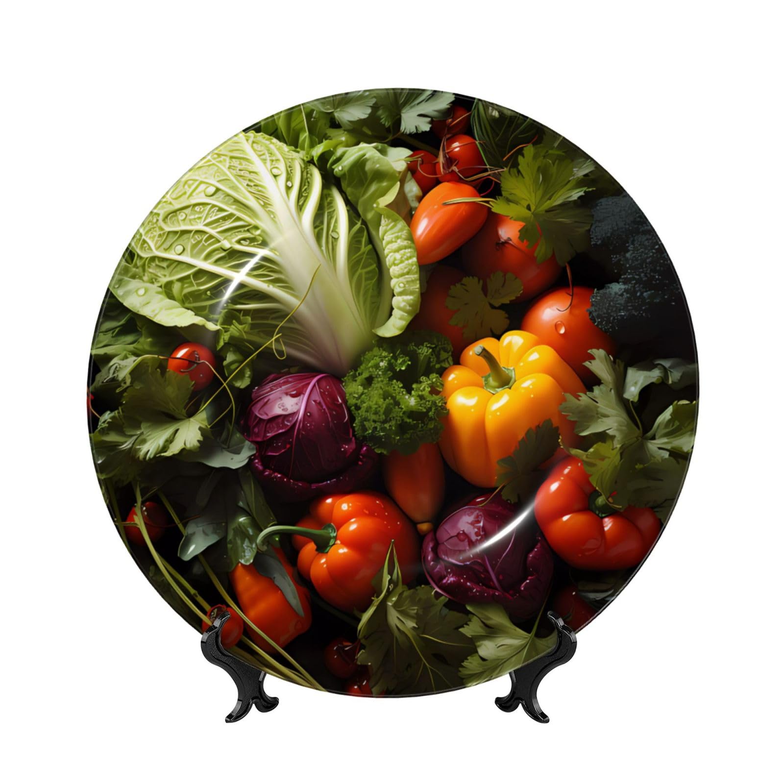SXZVVBN Lots of fresh vegetables Bone China Decorative Plate Art with Stand Removable Adhesive Hanging for Home Office 6in（15cm）