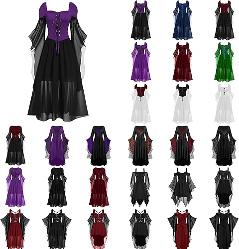 Renaissance Gothic Dress for Women Halloween Costume Lace Up Trumpet Sleeve Medieval Steampunk Halloween Gothic Dress