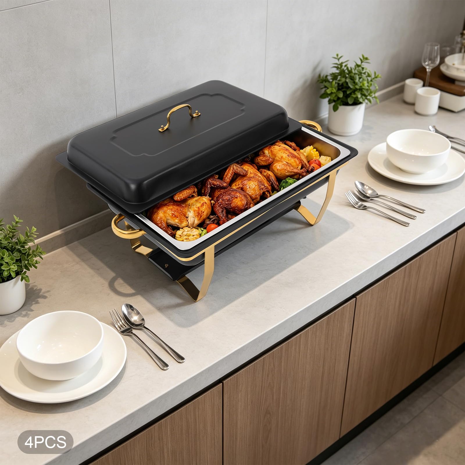 Chafing Dish zestaw pojemników do podgrzewania, zestaw 4 pojemników do podgrzewania potraw ze stali nierdzewnej, 2 x pojemniki GN 1/1, 2 x pojemniki GN 1/2 i 3 x pojemniki GN 1/3, podgrzewacz do