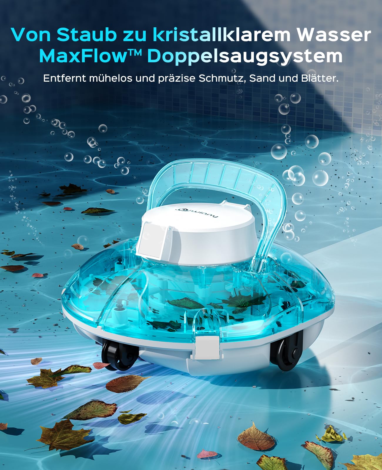 WINNY POOL CLEANER Winny 200 – Kabelloser Akku Poolsauger, Doppelfiltration, automatisches Parken, 80 Min. Laufzeit, für Aufstellpools bis 60 m², kompakt & leicht(Marine-Weiß)