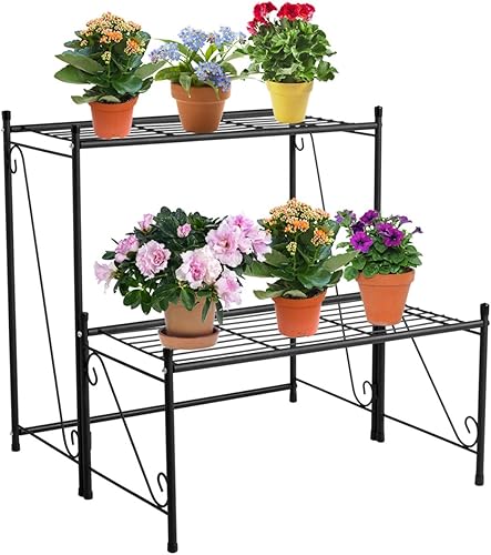 DOEWORKS Soporte de metal para plantas de 3 niveles estante de jardín para macetas grandes para interiores y exteriores color negro