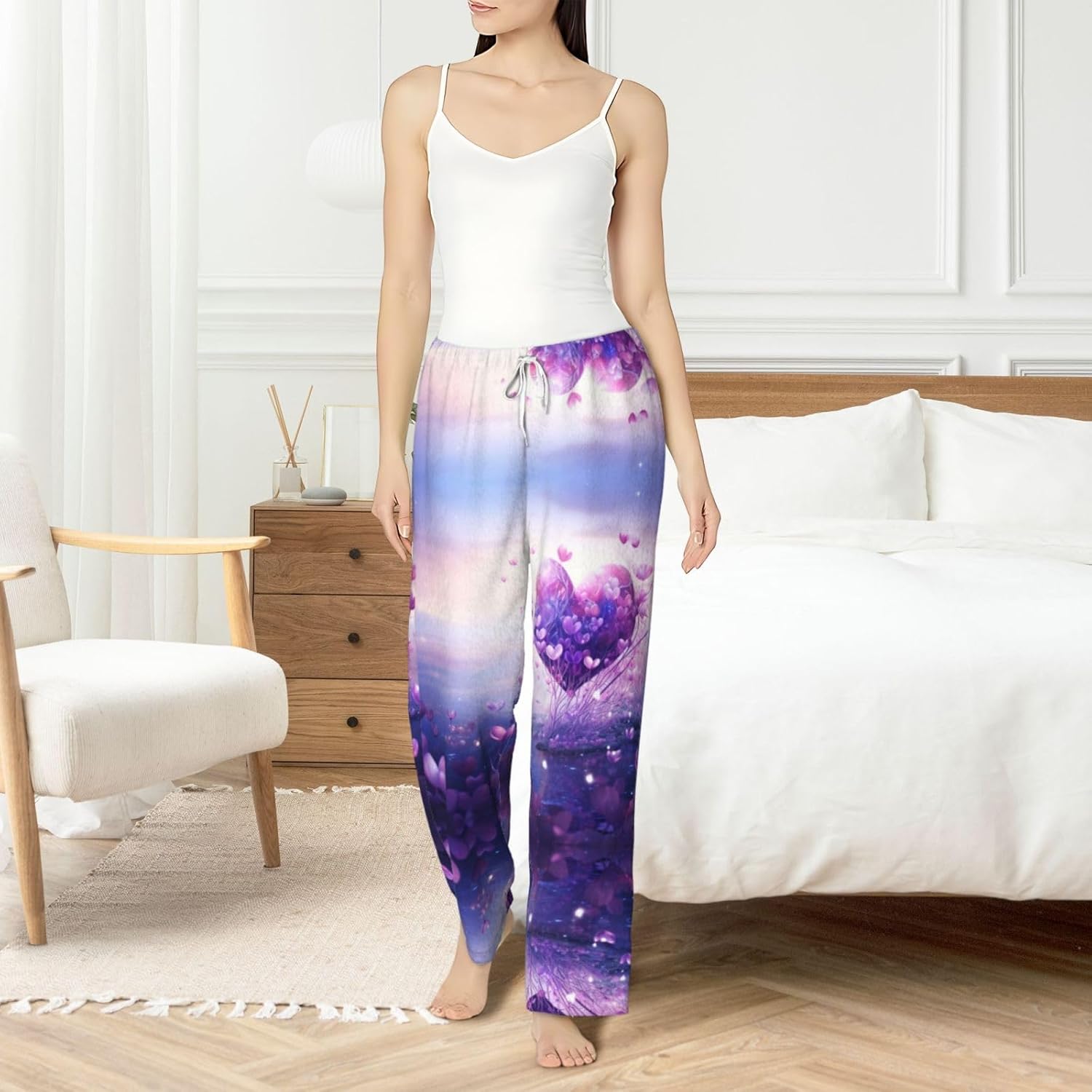 Purple Love Print Cozy Christmas Pajama Pants,Flannel Pajama Bottoms,Cater To Various Body Types
