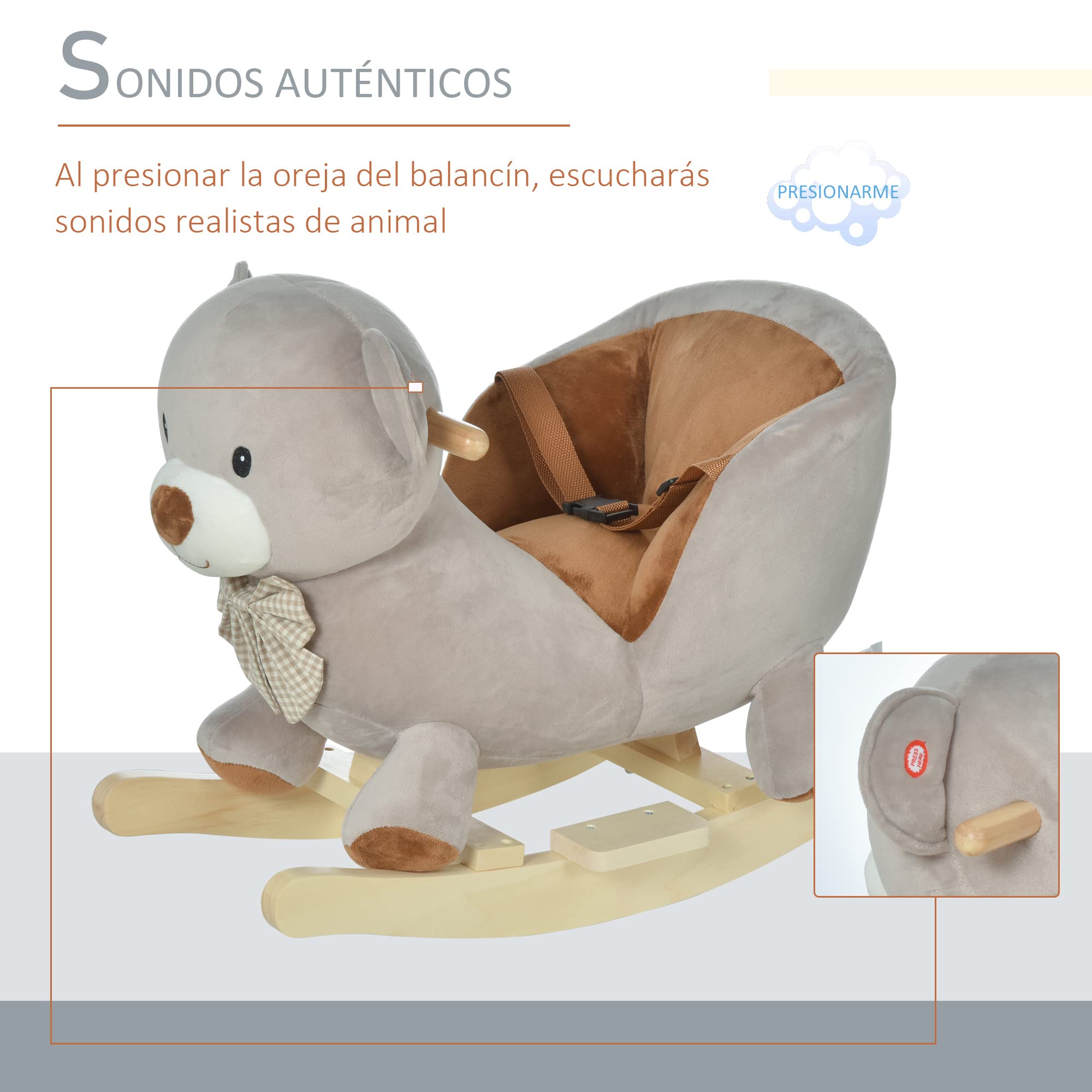 HOMCOM Caballito Balancín para Bebé de 18-36 Meses Caballo Balancín de Peluche Suave con Forma de Oso con Sonido Manillar y Reposapiés 60x33x50 cm Gris