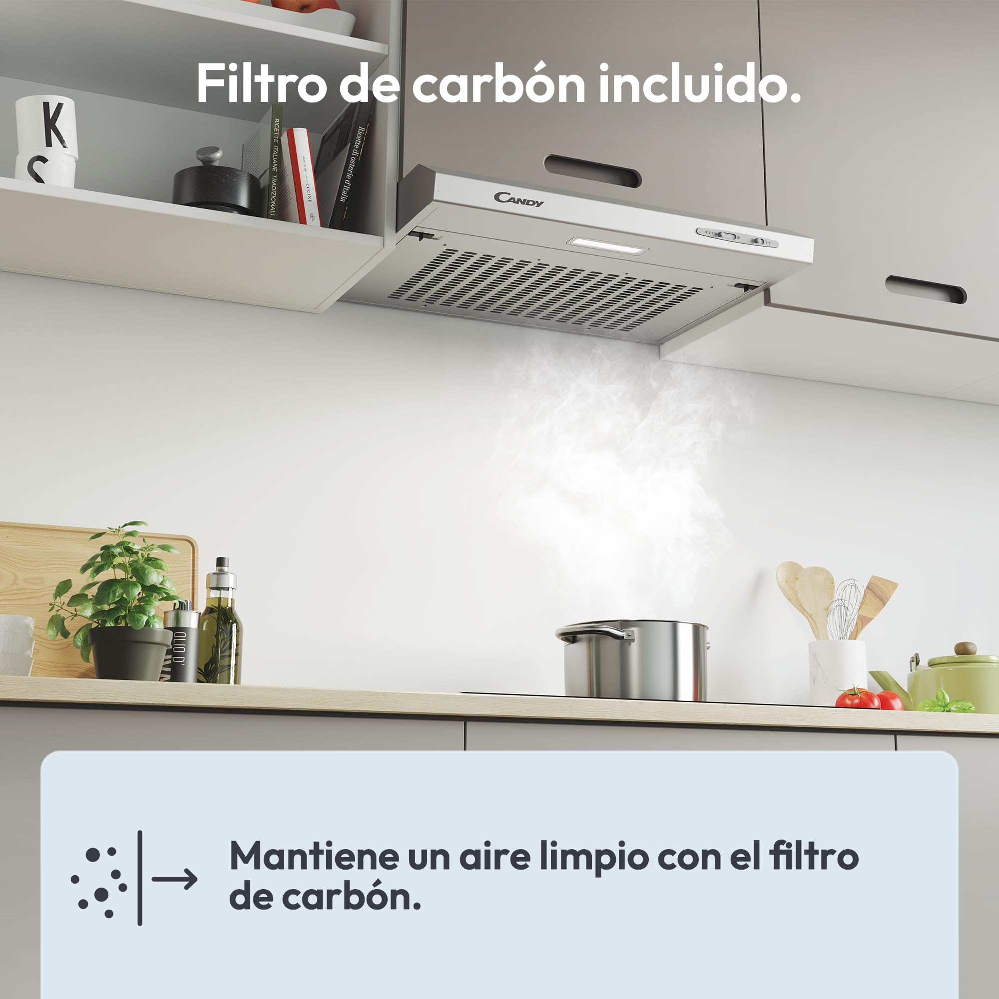Candy CFT610/5S Campana 60 cm Ancho, 3 Niveles de Potencia, Capacidad extracción 208 m3/h, iluminación LED, 87.5 W, 55/71 decibels, Silver