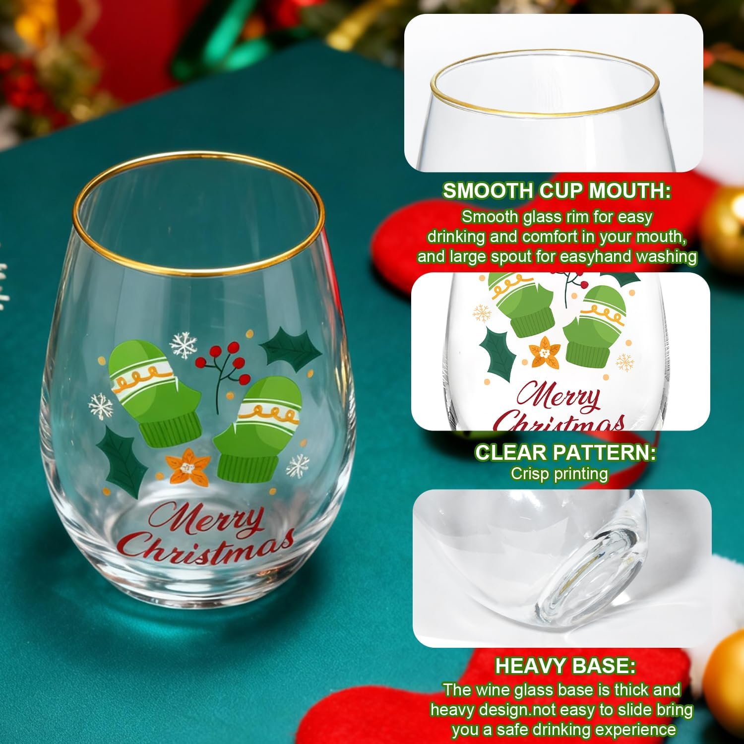 Christmas Wine Glasses Cups Set of 4, 20oz Vintage Funny christmas Pattern Design for Women Men Family Friends - Clear Wine Milk Drinkware Party Gifts - Image 3