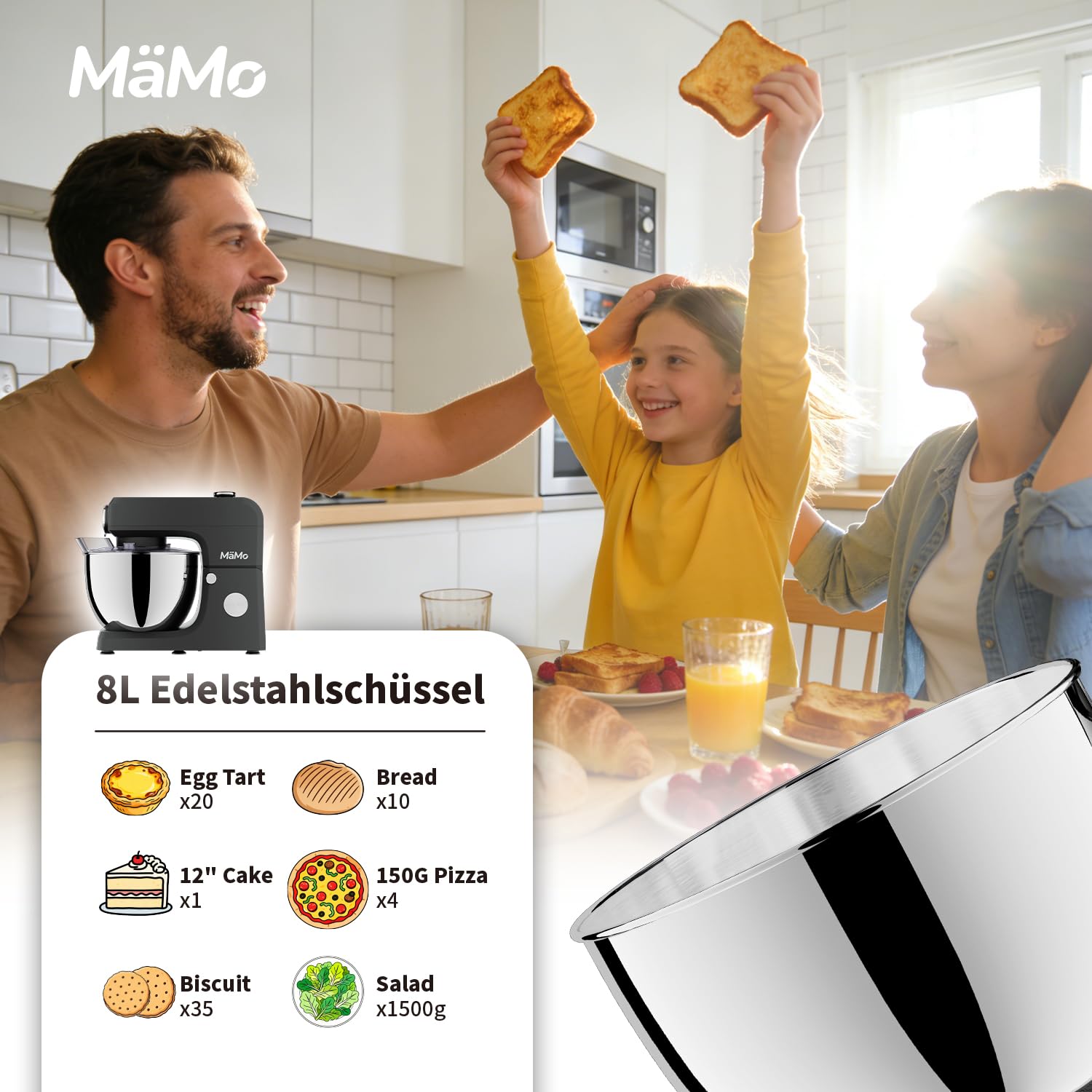1900W Küchenmaschine, 8L Teigmaschine mit LED-Touchscreen | Rührgerät & Mixer mit 11 Stufen, 6 Programmen & 3-tlg. Patisserie-Set. Ideal für Teig, Sahne & Fleisch.