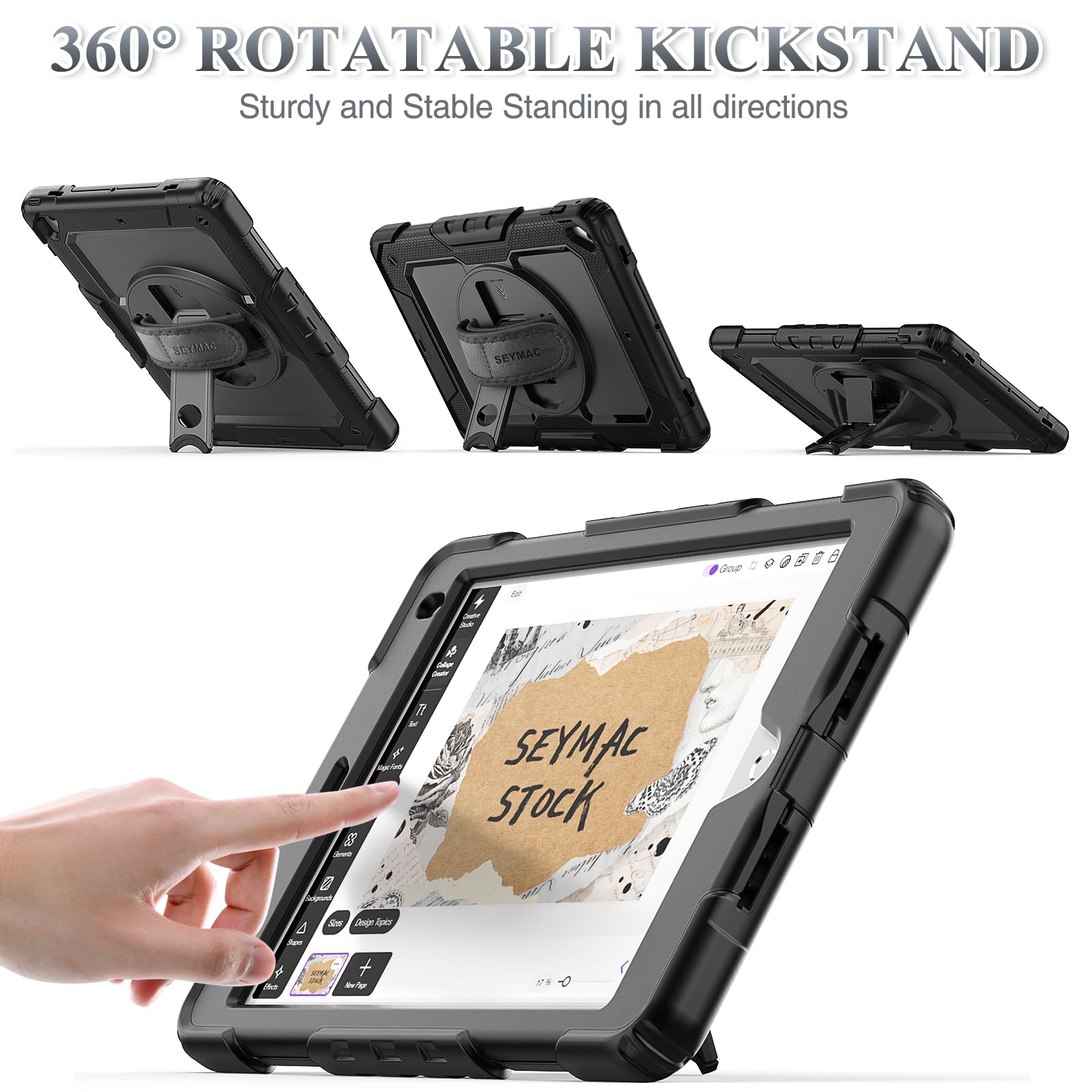 SEYMAC stock Case for iPad 6th / 5th Generation Case/Air 2 / Pro 9.7 inch, Heavy Duty Protective with Screen Protector, with Pencil Holder, Hand Strap, Shoulder Strap, 360 Rotate Stand, Black — Amazon image 4