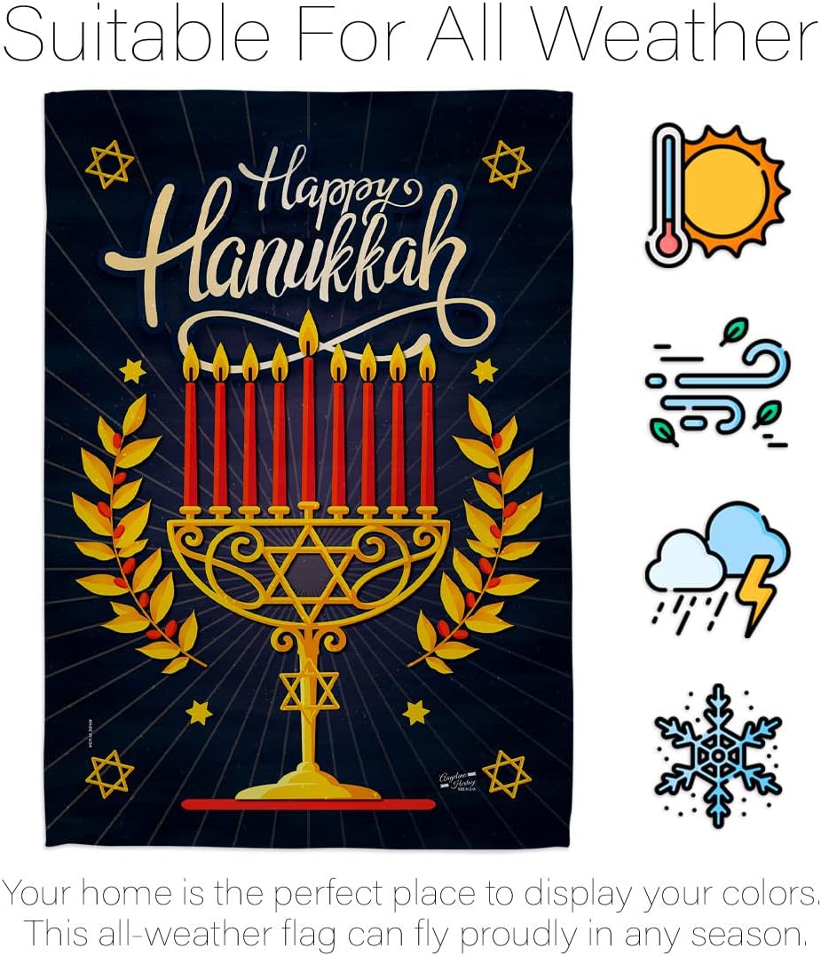 Happy Hanukkah Pack Winter Candle Bonsai Menorah Jewish Chanukah David USA Applique Decoration Banner Small Garden Yard Gift Double-Sided, House Flag 28" x 40", Thick Fabric