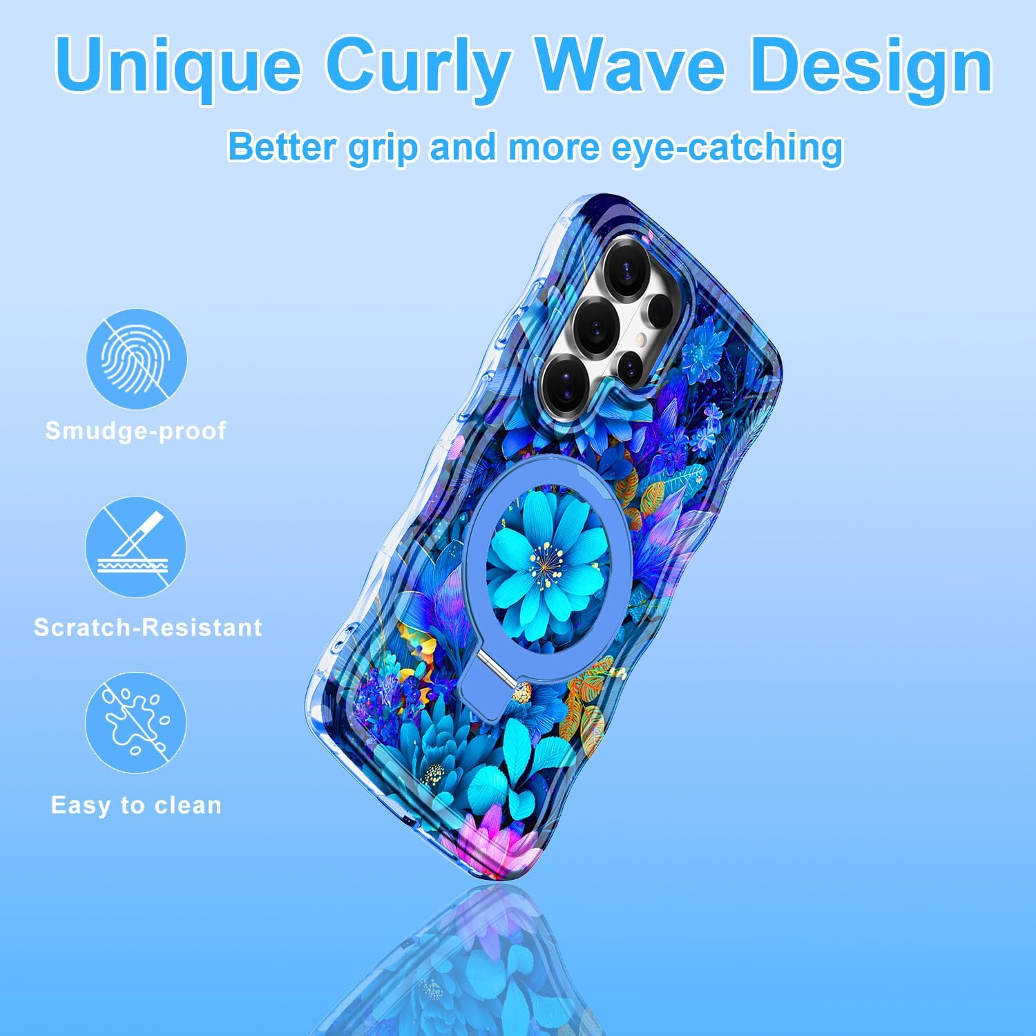 Meshine for Galaxy S26 Ultra Case with Magnetic Stand,[Compatible with MagSafe] Wave Frame Cute Flower Design Shockproof Drop Protective Women Girls Cover for Samsung Galaxy S26 Ultra,Blue Flowers