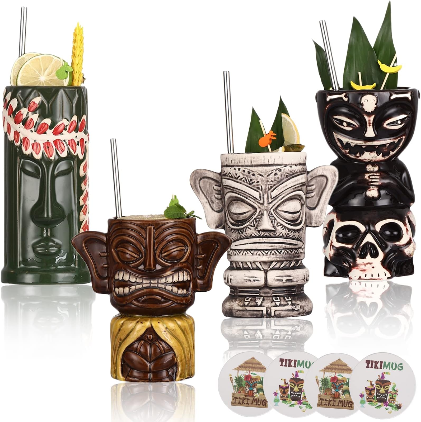 Tiki Glasses for Cocktails Tiki Mugs Set of 4 Ceramic Tiki Party Cups Bar Decor Creative Tiki Mug Set Large Hawaiian Glasses Tiki Drinking Bar Decorations with Coaster and Straws