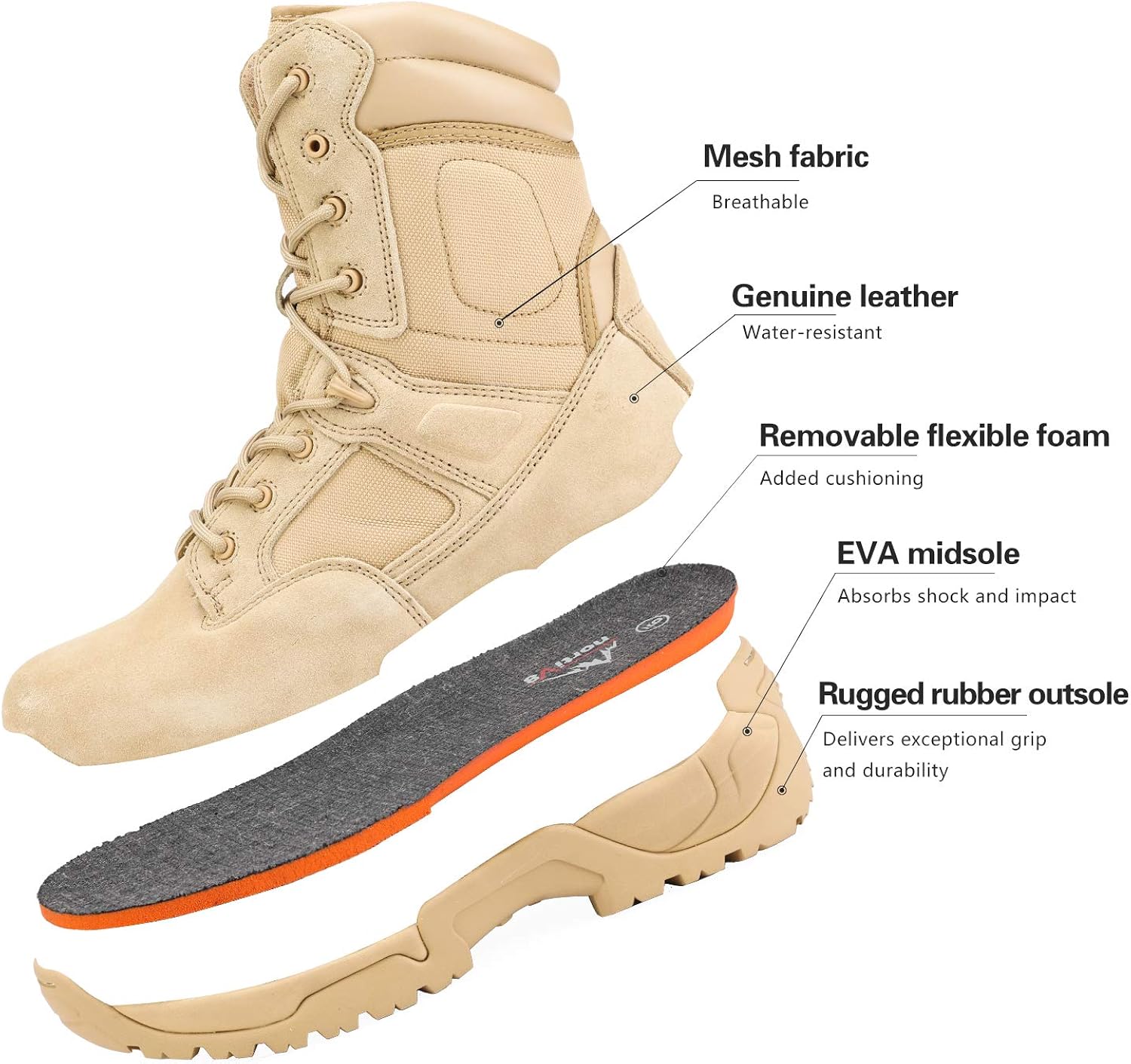 Vista 4 de NORTIV 8 - Botas tácticas de trabajo tipo militar para hombre para senderismo motociclismo combate