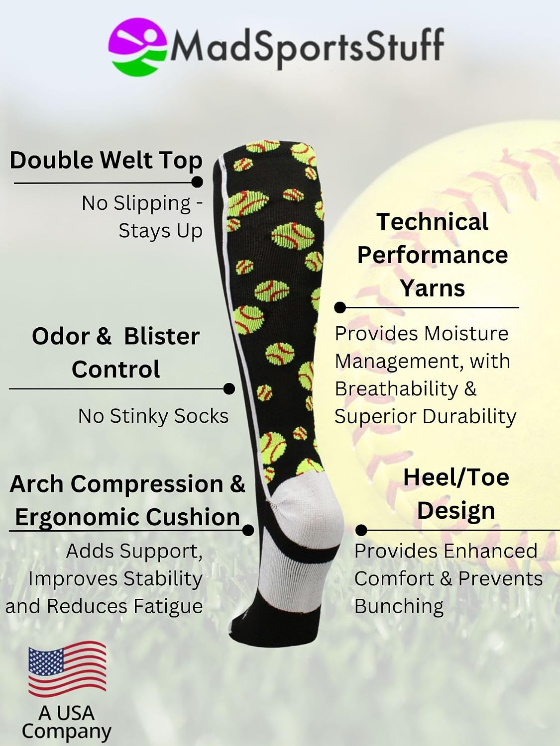 MadSportsStuff Crazy Softball Socks with Softballs for Girls Women Youth Adult Over the Calf Long Tall Fun Team Socks Gift