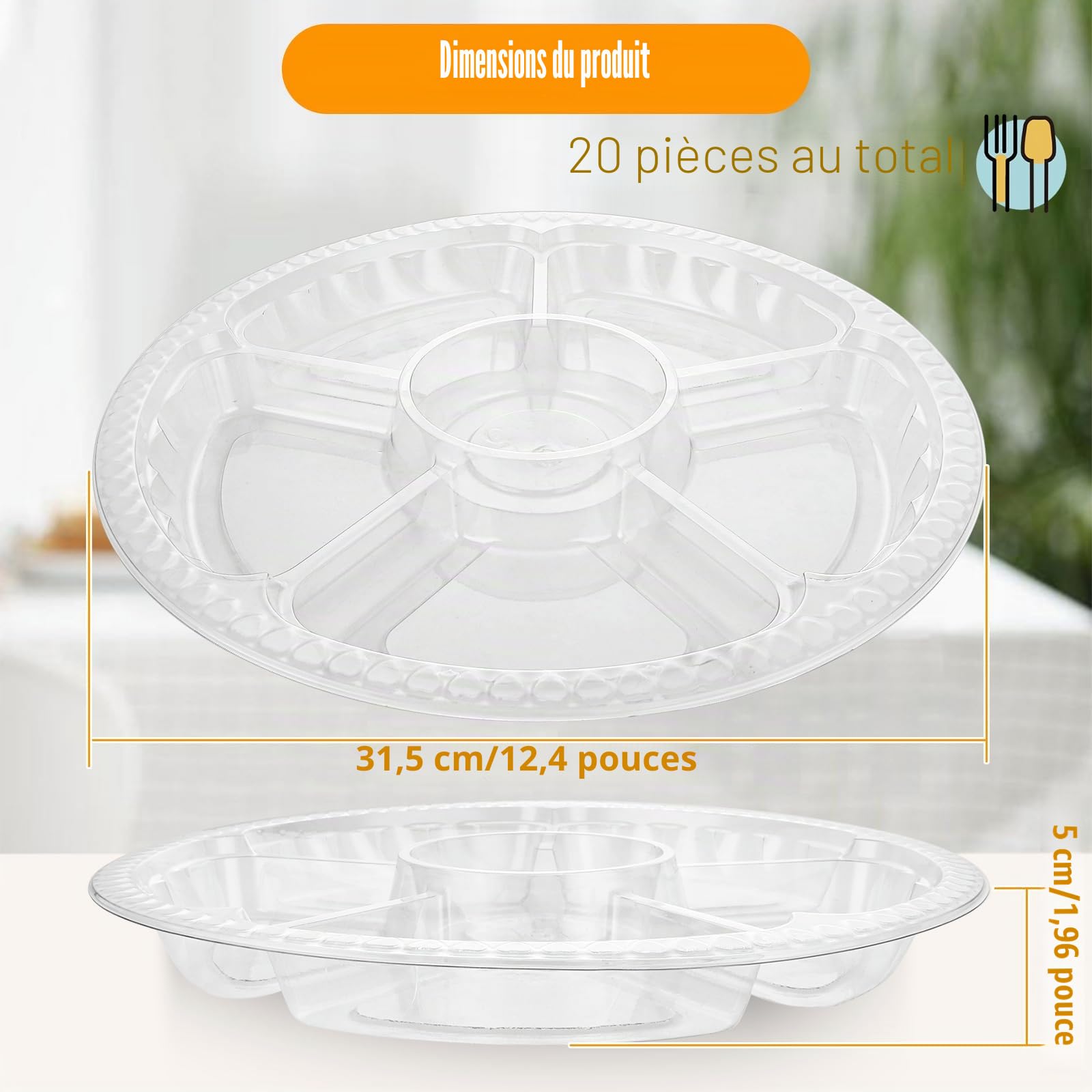 Lot de 20 plateaux à compartiments avec couvercles pour collation, 31,5 x 5 cm, plateau de service divisé avec couvercle, plateau de service avec couvercles et 6 sections, plateau à goûter en