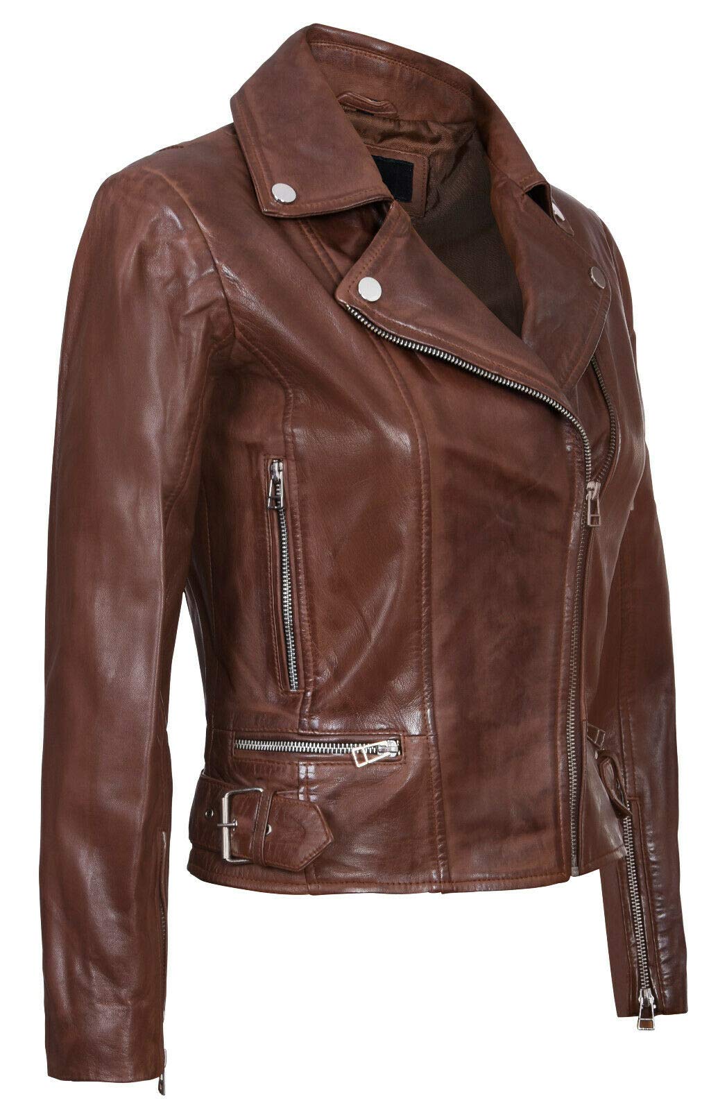 Infinity Leather Señoras Para Mujer de Cuero real Marrón Equipado con Chaqueta de Moda con Cremallera Estilo Motorista L