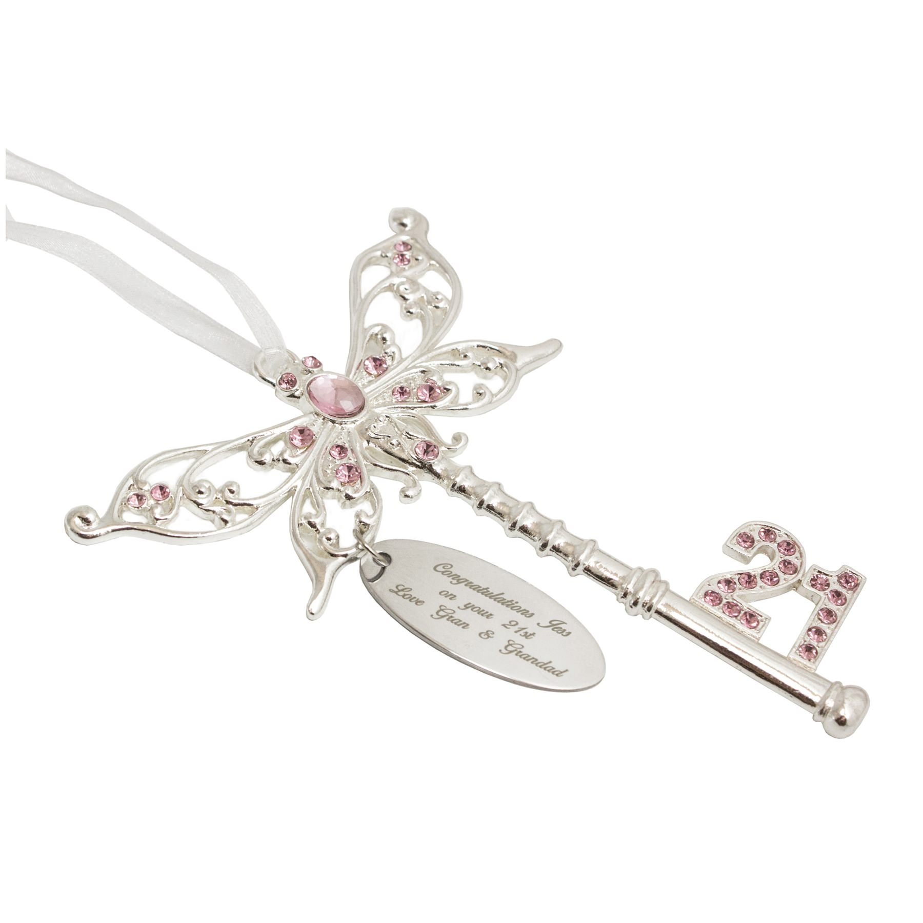 Personalised Engraved 21st Birthday Celebration Key, Pink Butterfly