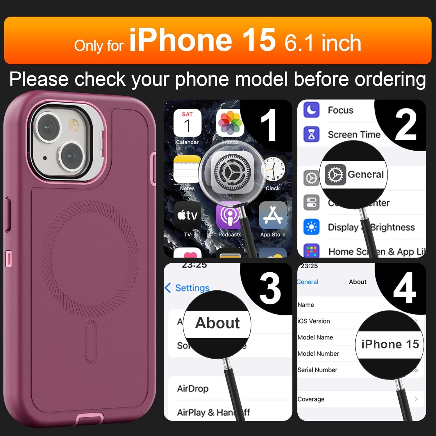 Follaroma for iPhone 15 Case with Stand & Built-in Camera Cover, MagSafe Compatible, Heavy-Duty Shockproof Protection, Magnetic & Rugged Phone Cover for iPhone 15 6.1'', Purple-Pink
