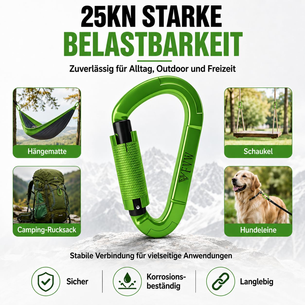 Lot de 5 mousquetons d'escalade, certifiés UIAA 25 KN, verrouillage automatique, pour hamac, balançoire, laisse et harnais, camping, randonnée et utilité (vert)