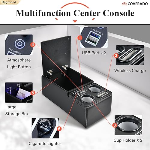 Miniatura 2 de Coverado - Consola central de automóvil, consola universal para asiento trasero, organizador de asiento con portavasos y soporte para teléfono,