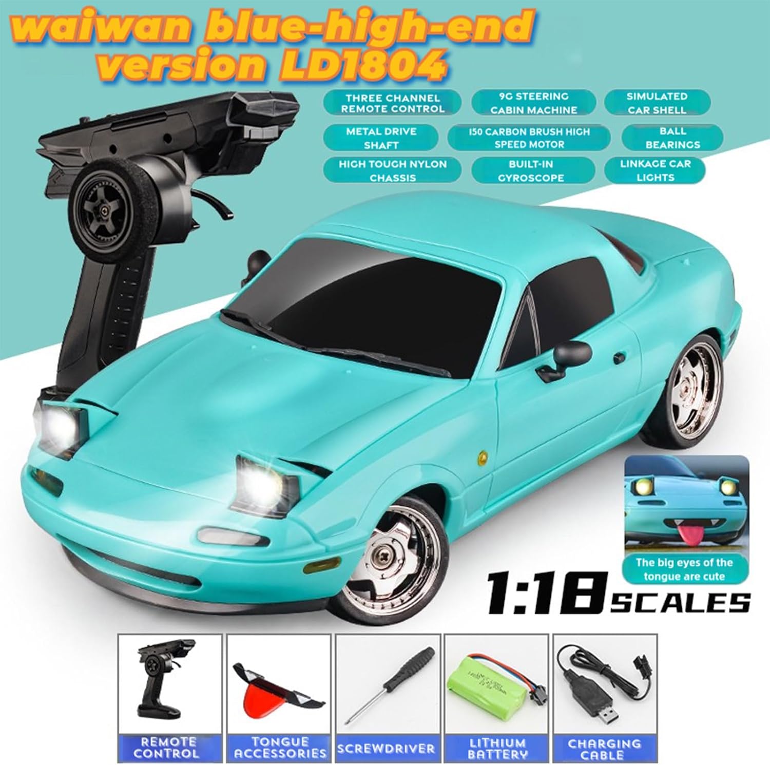 LD1804 RC Drift Car 1:18 Scale Mini MX-5 RWD 2.4GHz Miata RC Vehicles with Gyro and LED Lights for Adults Hobby Toys (Blue)