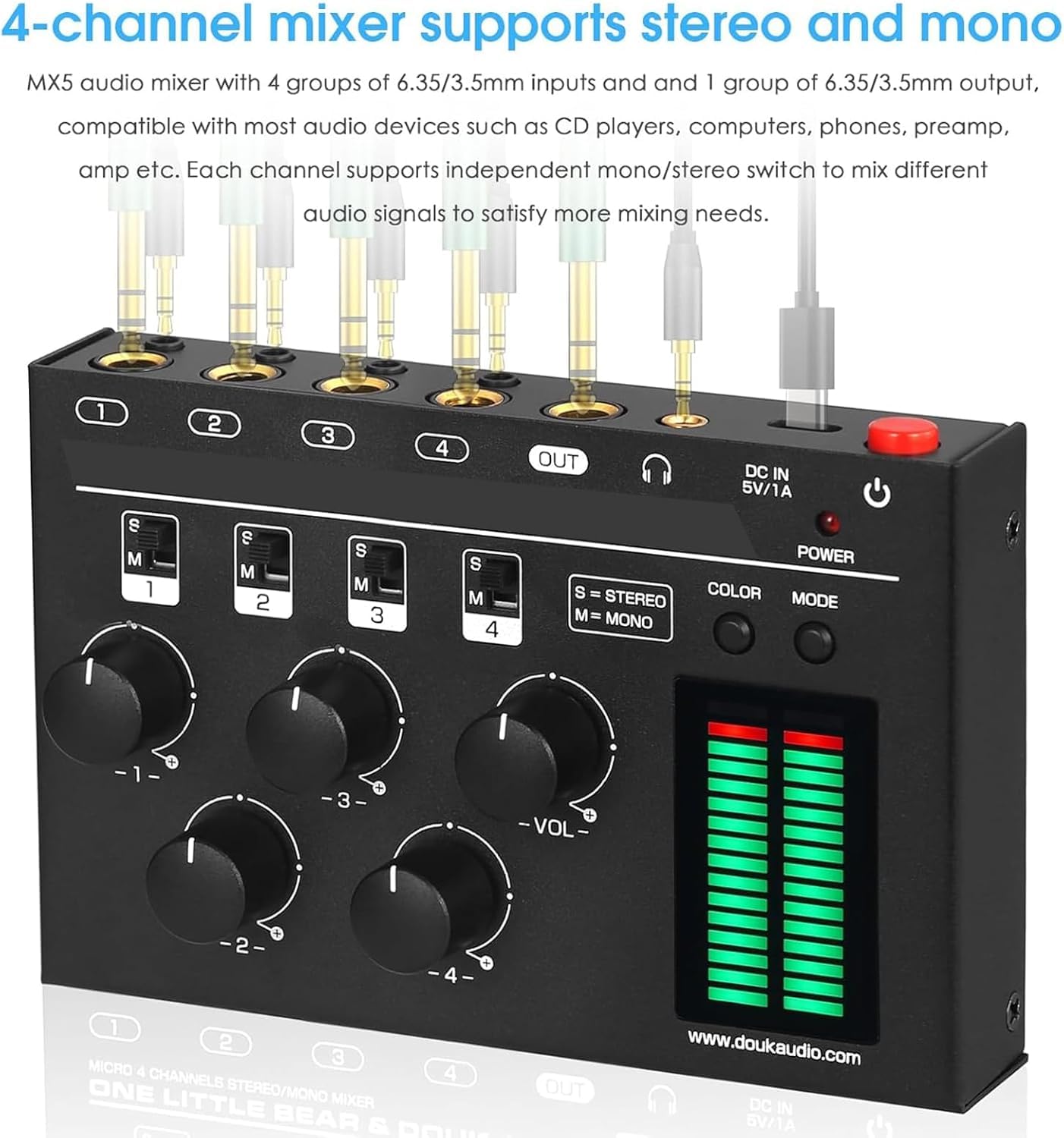 Mezclador de audio de 4 canales con medidor de nivel LED integrado, ganancia ajustable, conector de auriculares de 3.5 mm, diseño de bajo ruido para clubes y bares pequeños