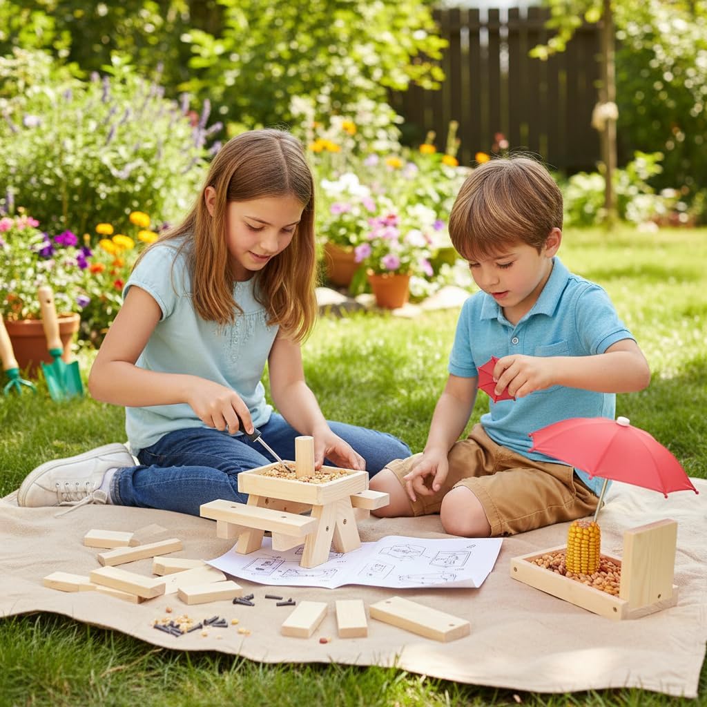Ultimate Squirrel Feeder Picnic Table with Tall Umbrella, Wooden Squirrel Feeders for Outside, Cute Chipmunk Feeder with Corn Cob Holder, Solid Structure, Thick Wood (Red Umbrella) image 4