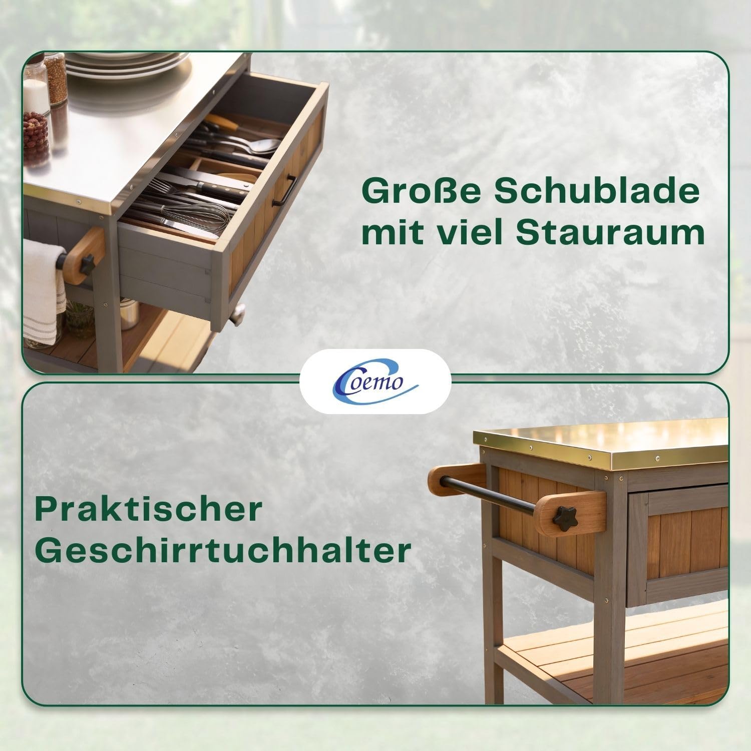 Coemo Servierwagen mit Rollen James Küchenwagen aus Holz mit Edelstahltop, Kücheninsel mit Türen, Handtuchhalter, Raumwunder, Küchenschrank Rollwagen LxBxH ca.: 82 x 53 x 92 cm Farbe Grau