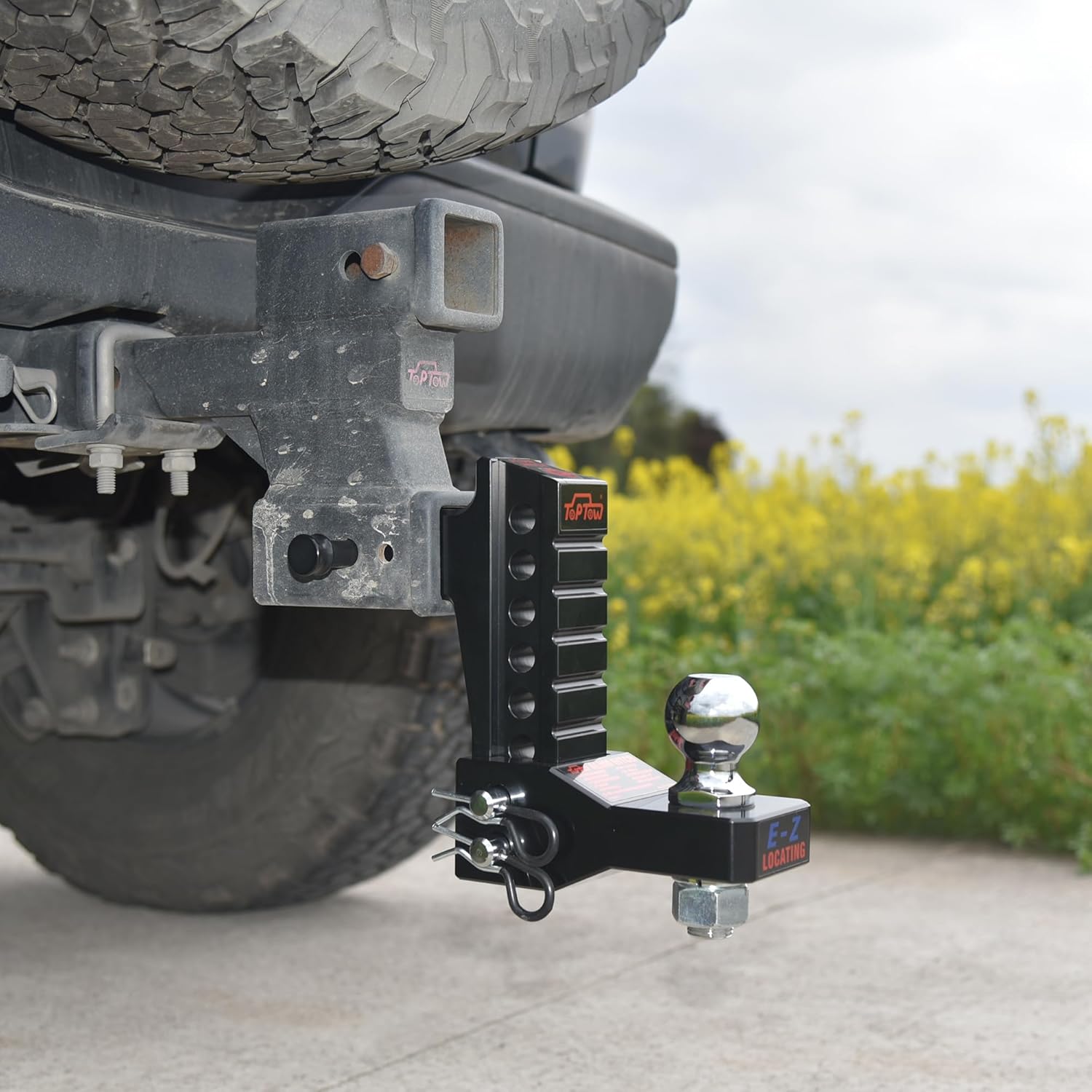 TOPTOW Adjustable Aluminum Ball Mount, 6" Drop Hitch for 2" Hitch Receivers, 7500lbs Capacity Including 2" Hitch Ball, Hitch Locks and Hitch Pin Kits, Black - Patent Easy-Locating Shank Design