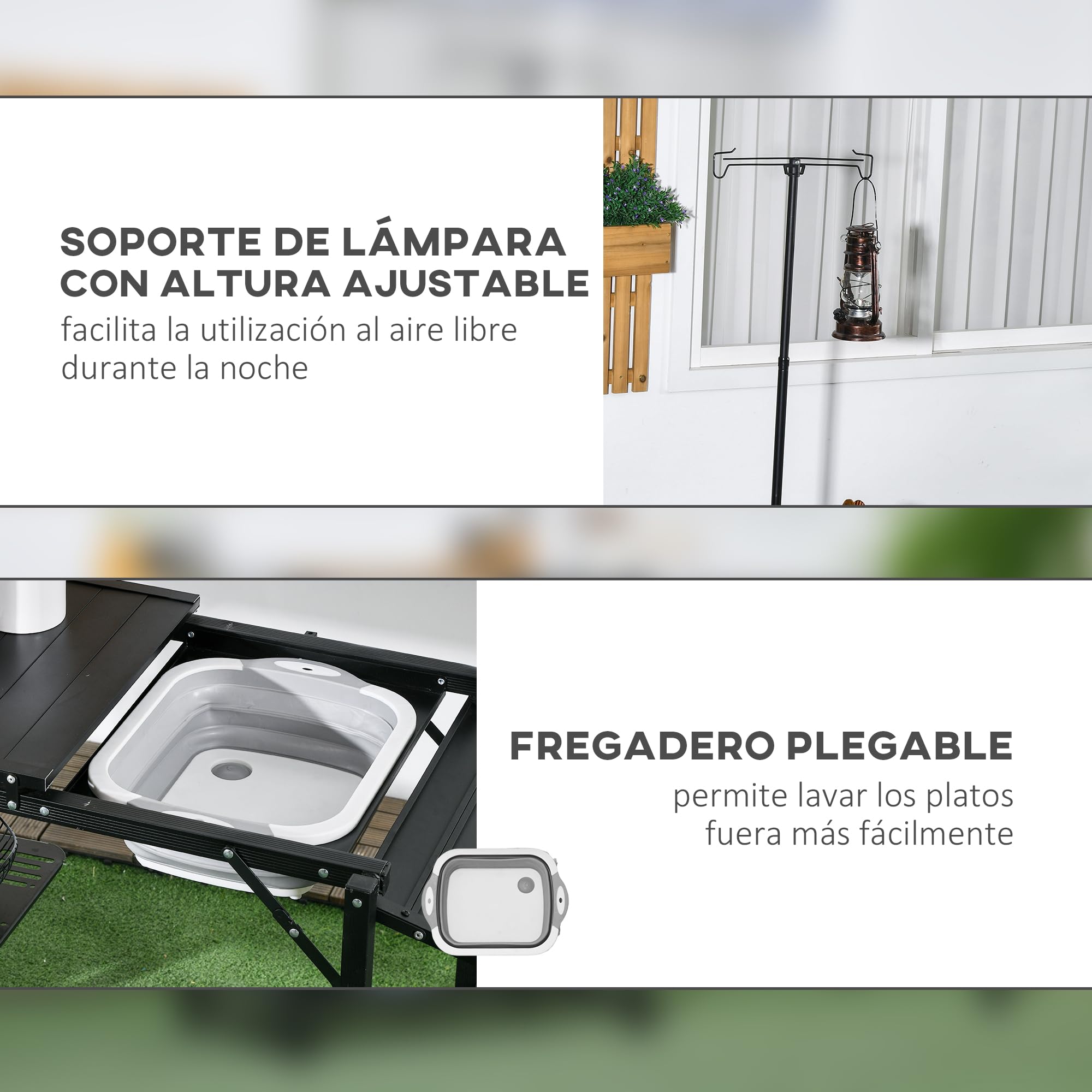 Outsunny Mesa de Cocina de Camping de 3 Niveles, Mesa de Camping Plegable Portátil con Fregadero, Estantes de Almacenaje, Soporte para Lámpara, Bolsa de Transporte para Exterior 173x52x80-174 cm Negro
