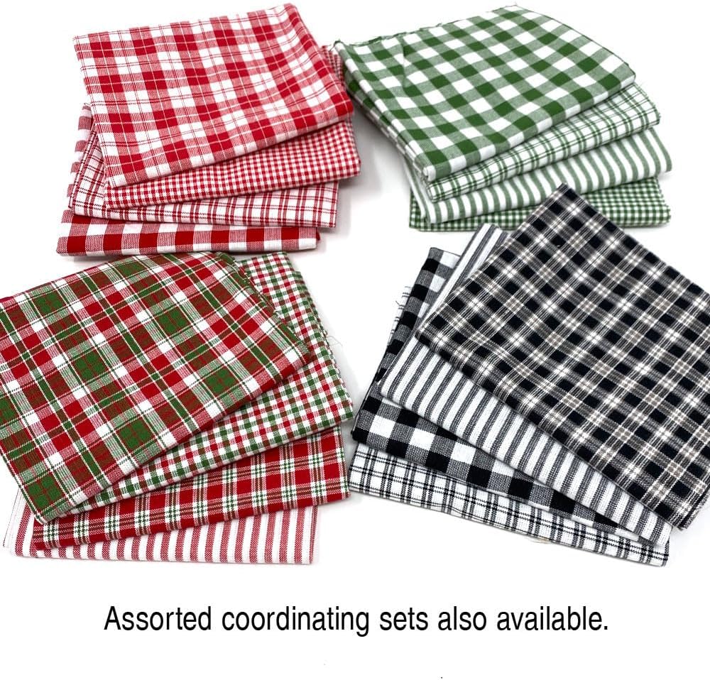 Set of 4 Fat Quarters, Merry & Bright Red Green Christmas Assorted Plaid Gingham Homespun Cotton Fabric Bundle by JCS