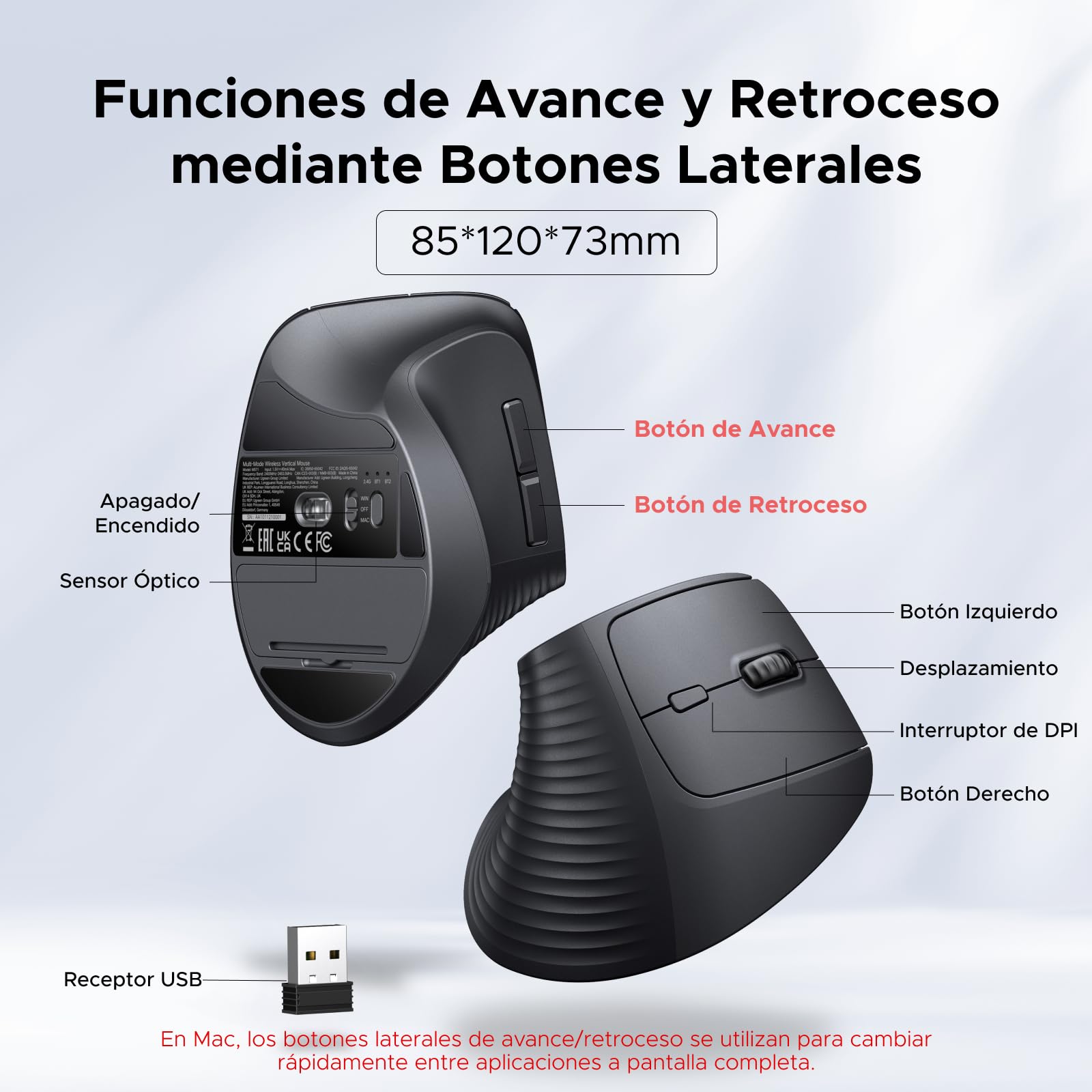 UGREEN Ratón Vertical Inalámbrico 2,4G y Bluetooth 5.4 Silencioso 4000 dpi | Ergonómico Compatible con Windows macOS Linux