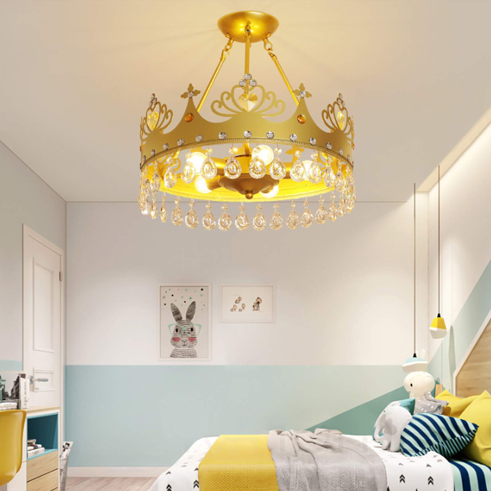 Children Ceiling Light Crystal Pendant Lamp Ceiling Lamp Modern Crown Decoration Princess Girl Boy Bedroom Kindergarten Ceiling Light E27 Iron Art Lighting Kids Room Chandelier,Gold,45cm